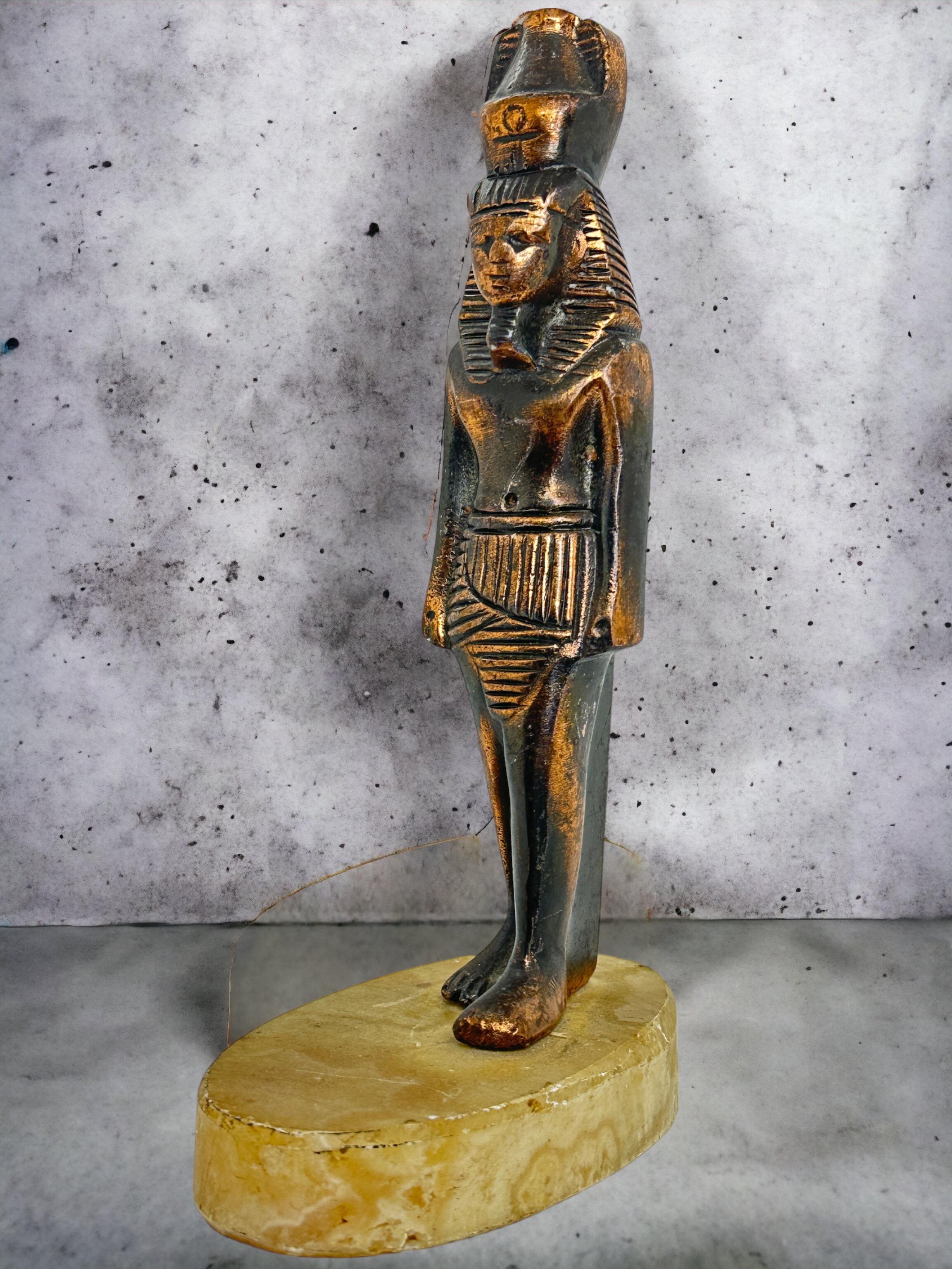 Mid-Century Modern Vintage Decorative Egyptian Pharaoh Statue on Marble Base, Grand Tour Souvenir For Sale