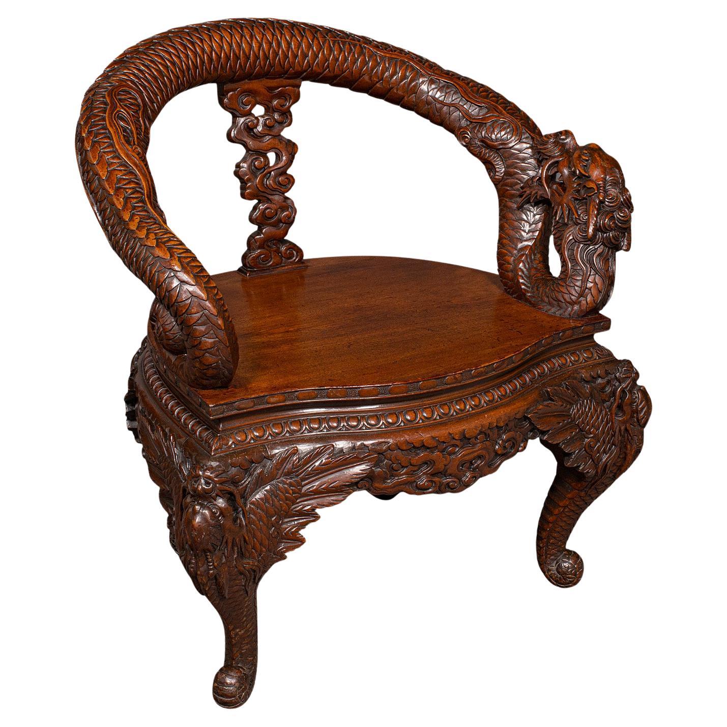 Sedia a gomito decorativa d'epoca, orientale, da sala, da caminetto, con seduta a drago, Art Deco in vendita