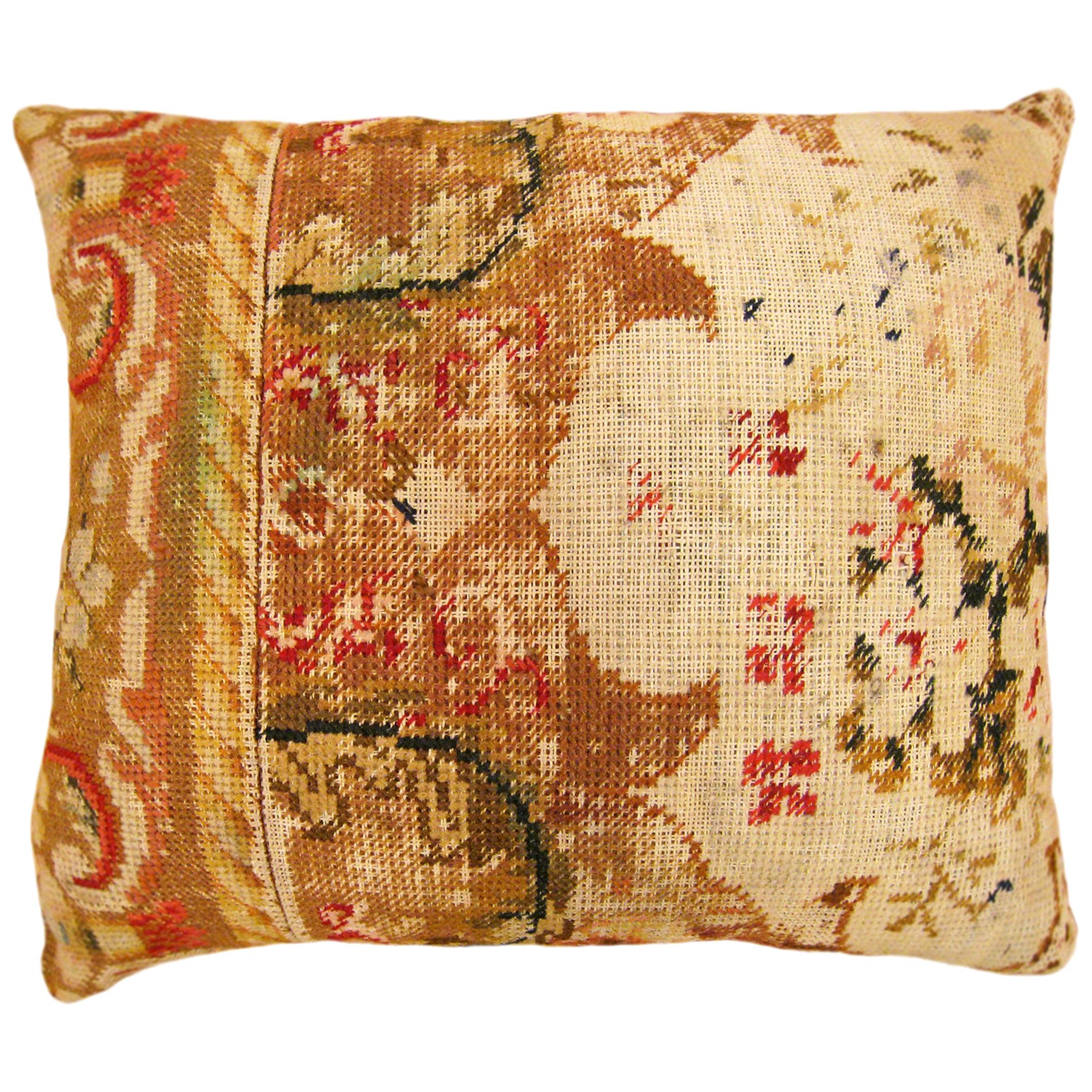 Vintage Decorative English Needlepoint Pillow, with Terracotta Linen