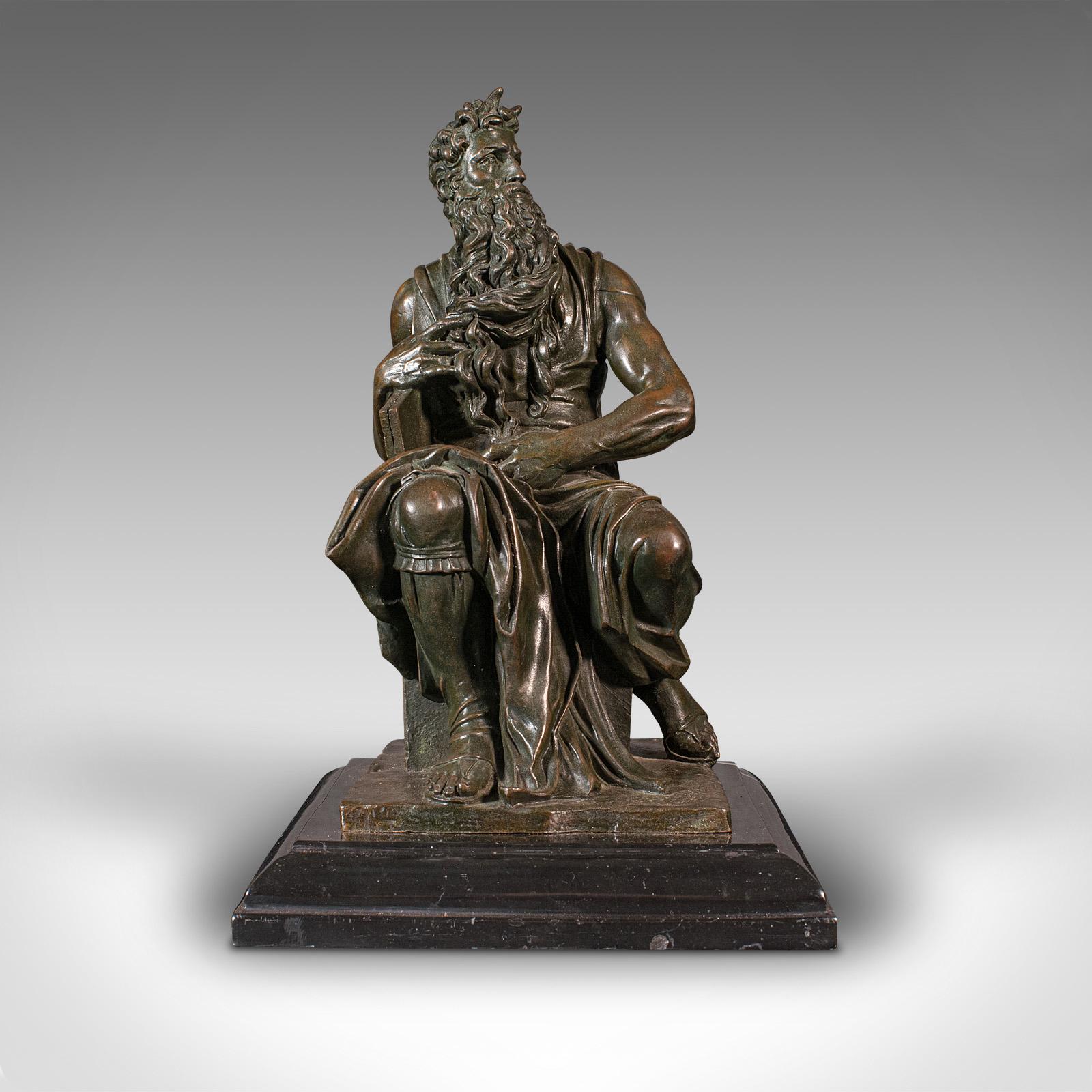 This is a vintage decorative figure of Moses. An English, bronze and marble statue after Michelangelo, dating to the mid 20th century, circa 1960.

Striking rendition of a historic statue
Displays a desirable aged patina and in good order
Bronze
