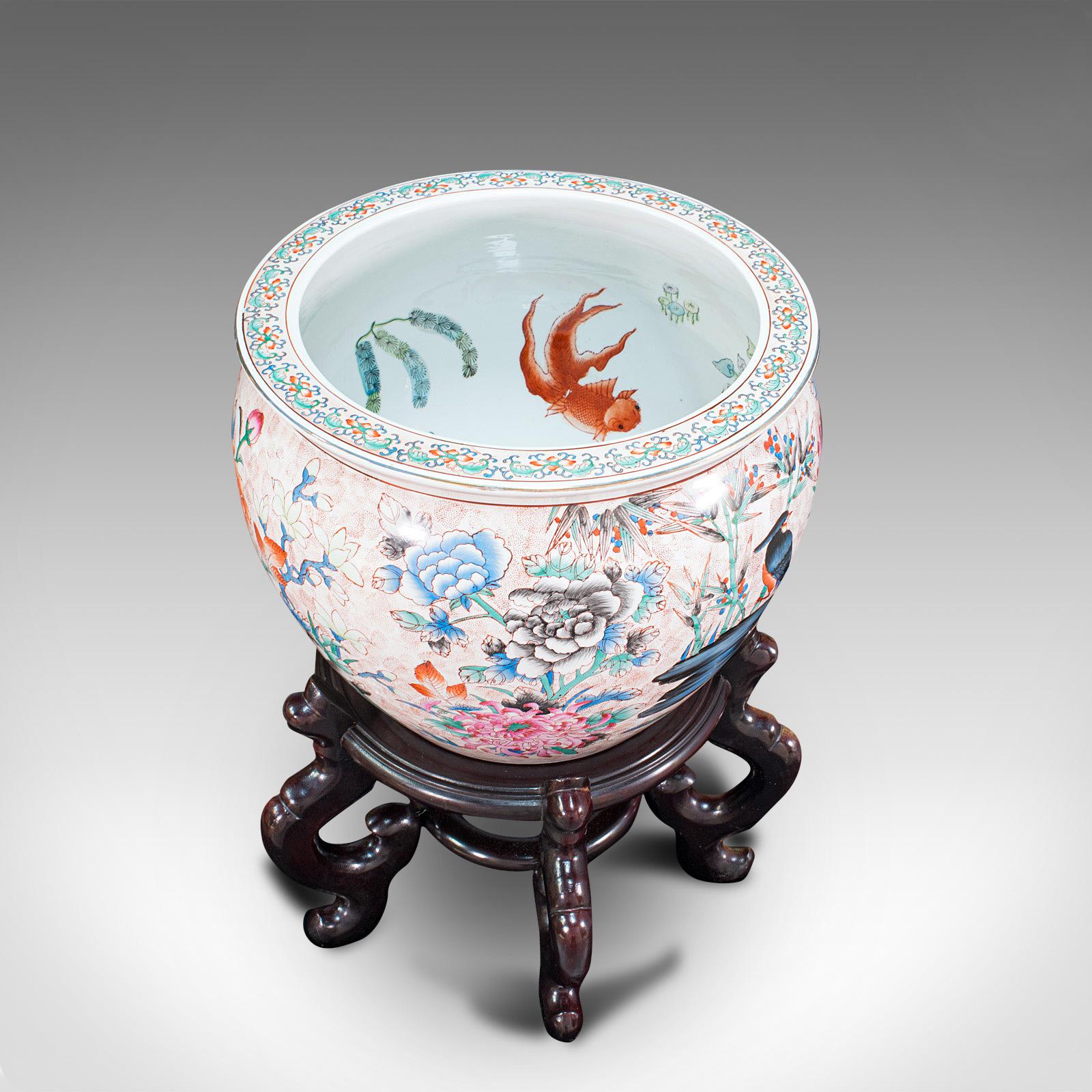 20th Century Vintage Decorative Fish Bowl, Chinese, Ceramic, Rosewood, Jardiniere, Art Deco