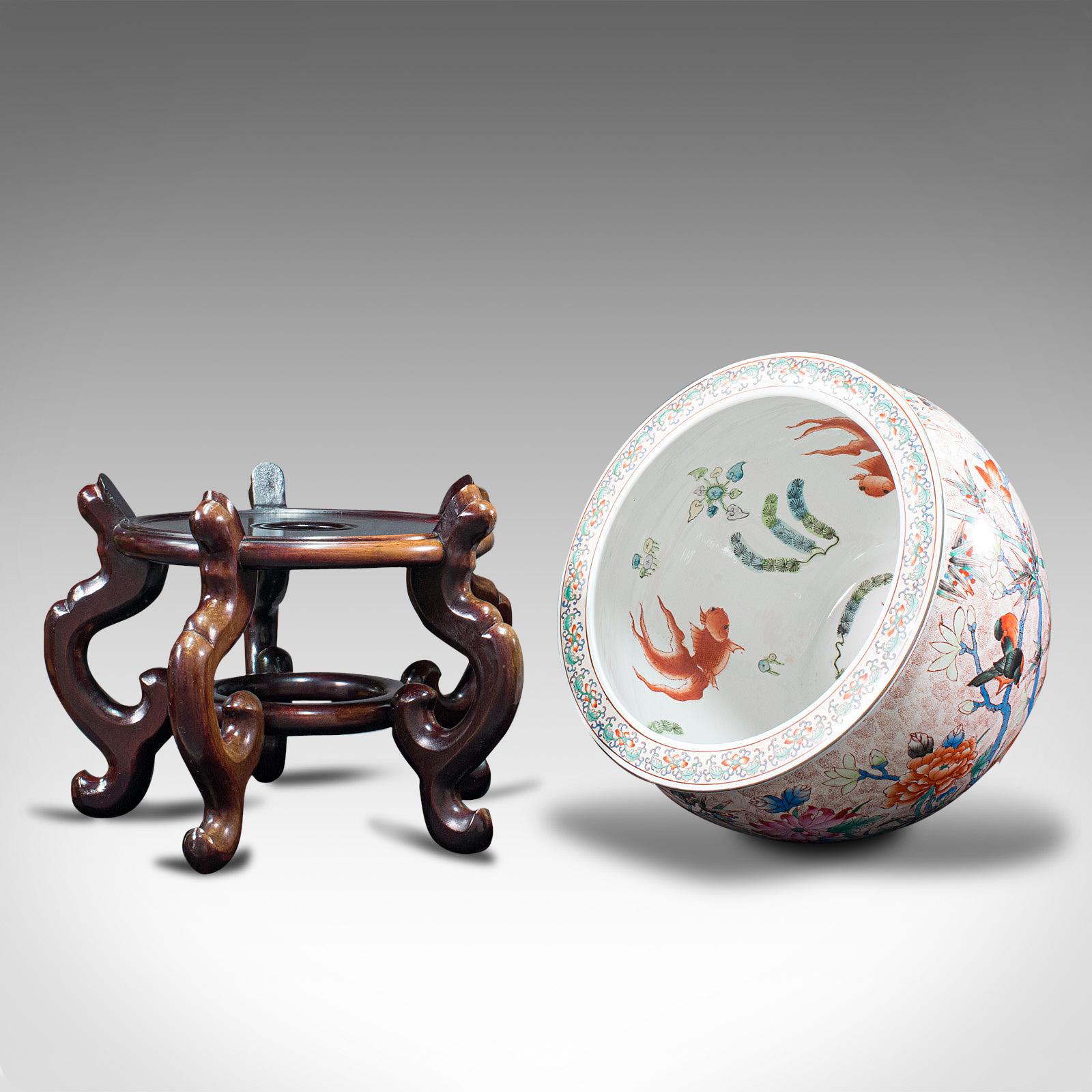 Vintage Decorative Fish Bowl, Chinese, Ceramic, Rosewood, Jardiniere, Art Deco 4