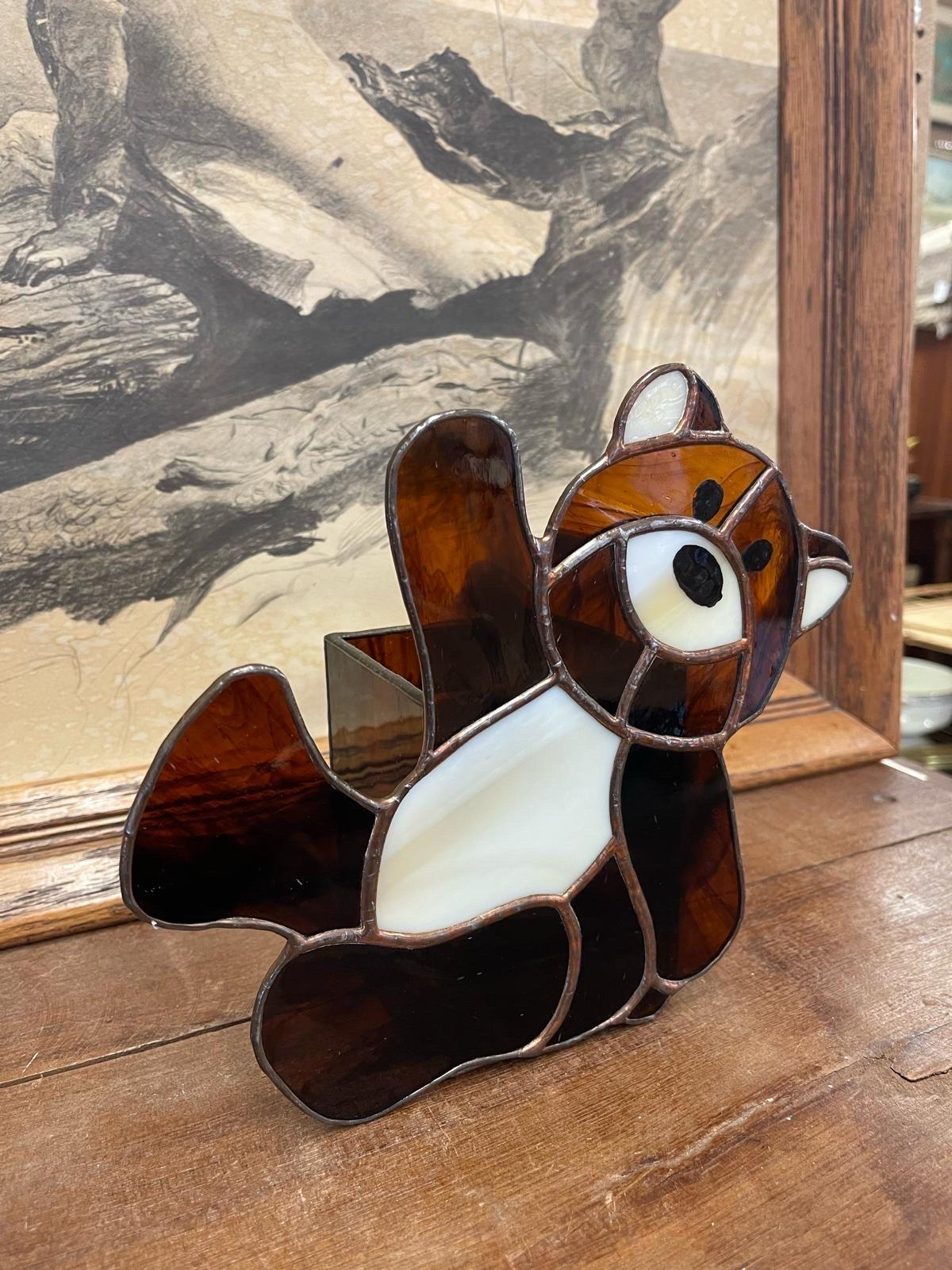 Mid-Century Modern Vintage Decorative Handmade Stained Glass Teddy Bear With Cup Attached. For Sale