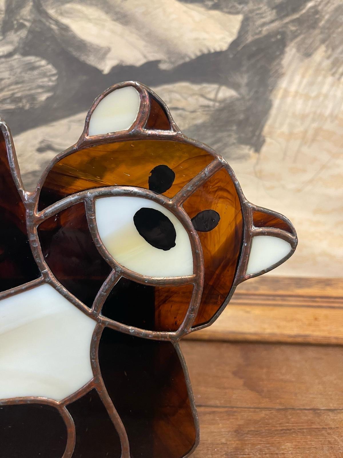 Vintage Decorative Handmade Stained Glass Teddy Bear With Cup Attached. In Good Condition For Sale In Seattle, WA
