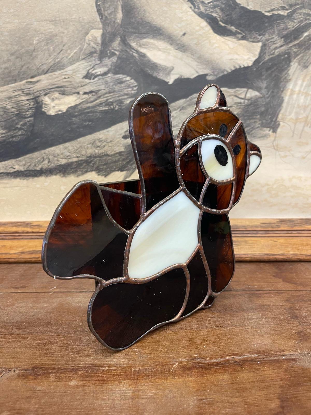 Vintage Decorative Handmade Stained Glass Teddy Bear With Cup Attached. For Sale 1