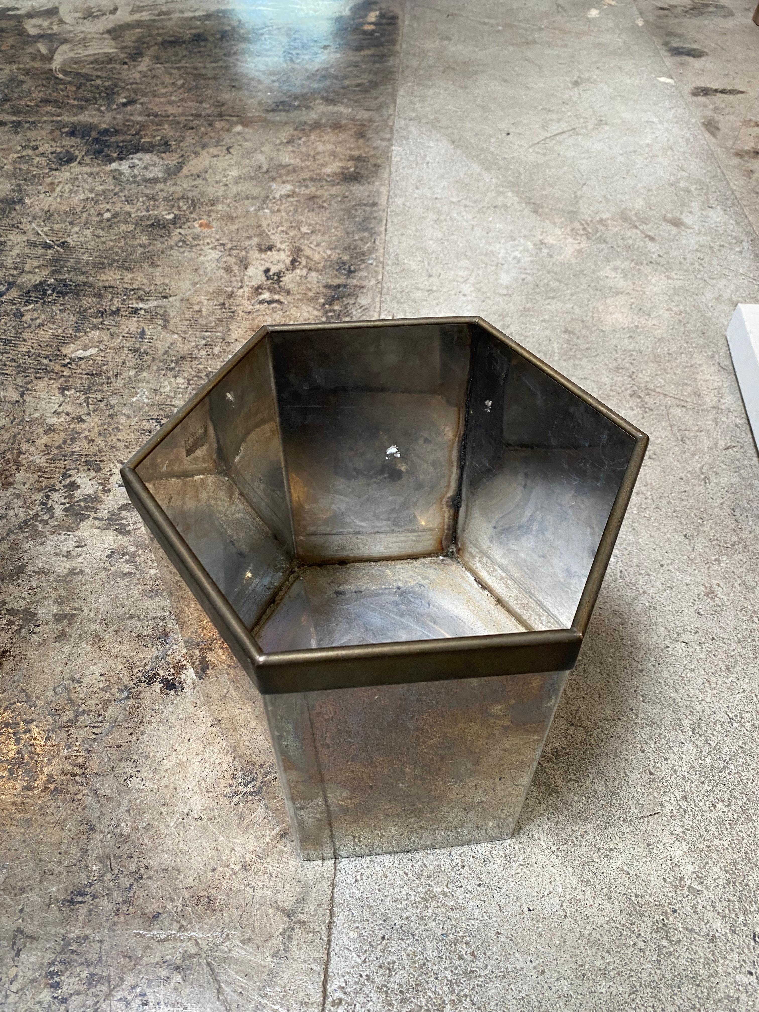 Italian Vintage Decorative Hexagon Silver and Brass Basket 1970 For Sale