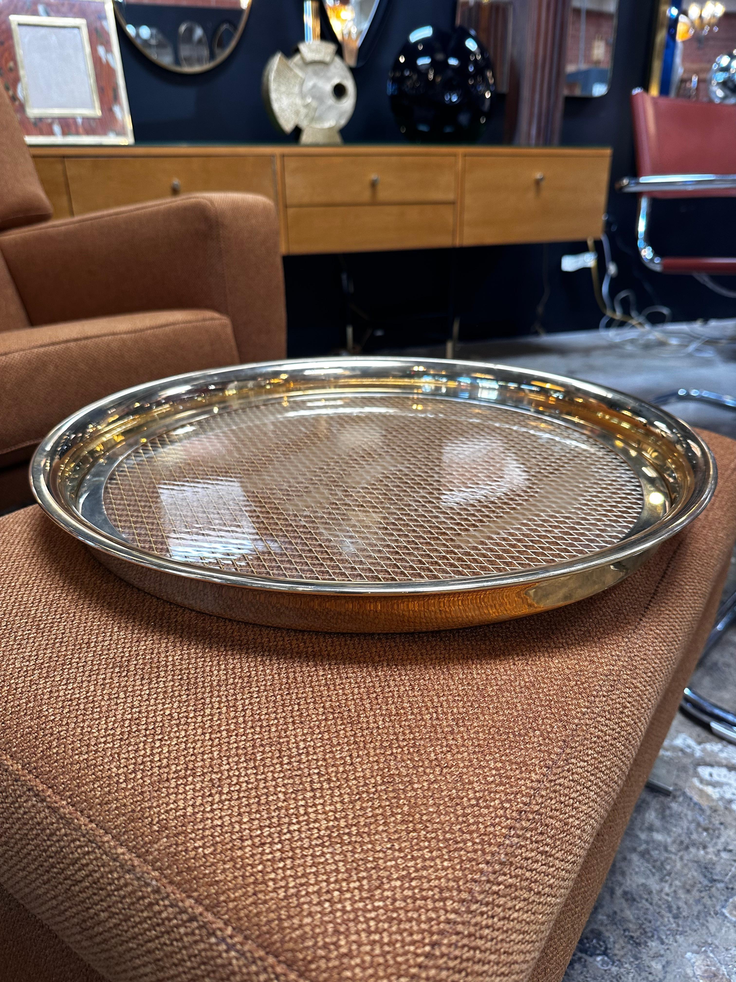 Mid-Century Modern Vintage Decorative Italian Round Brass and Glass Tray 1980s For Sale