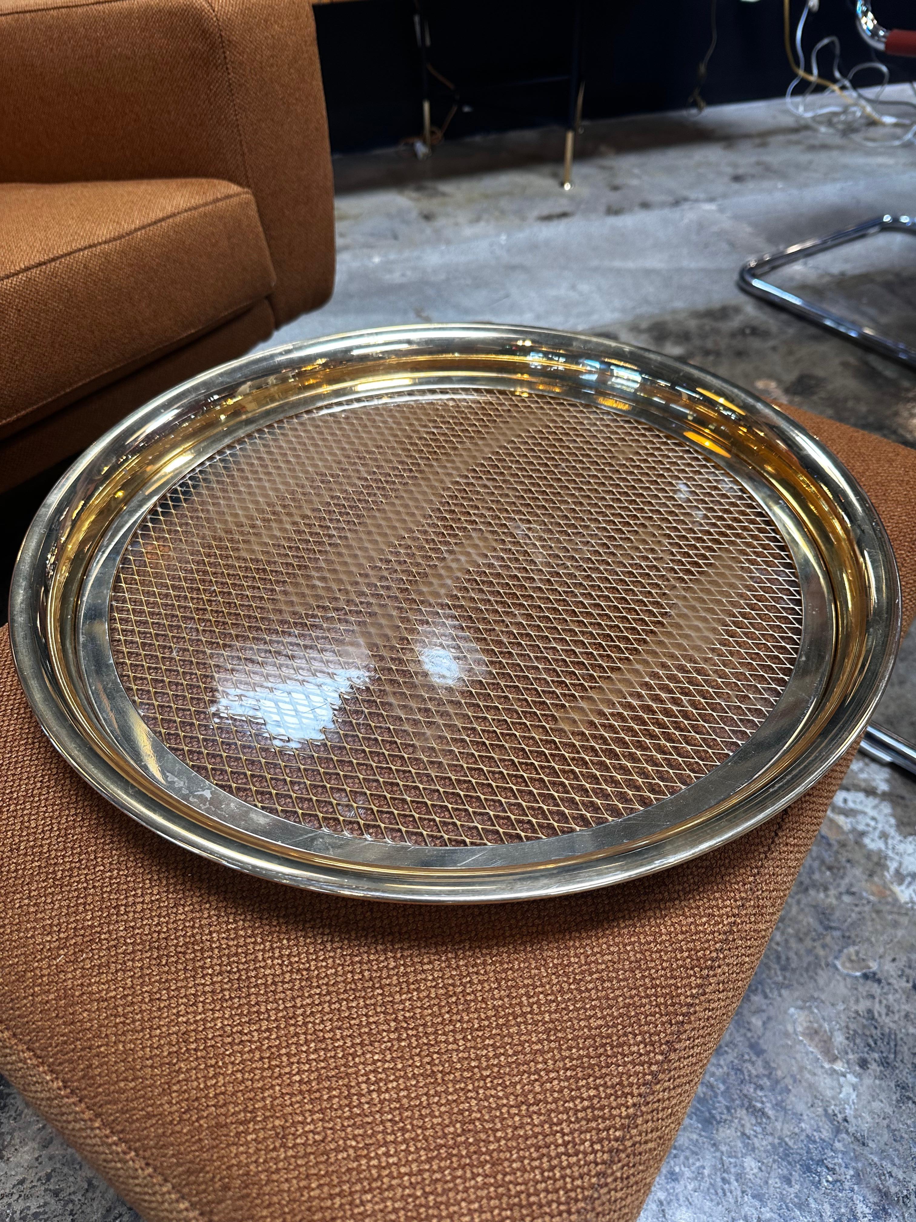 Vintage Decorative Italian Round Brass and Glass Tray 1980s For Sale 1