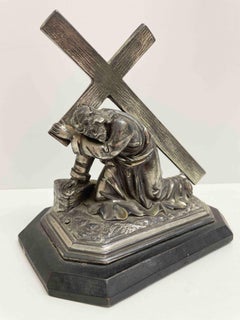 Vintage Decorative Jesus Metal Statue on Ebonized Wooden Base, Germany 1910s