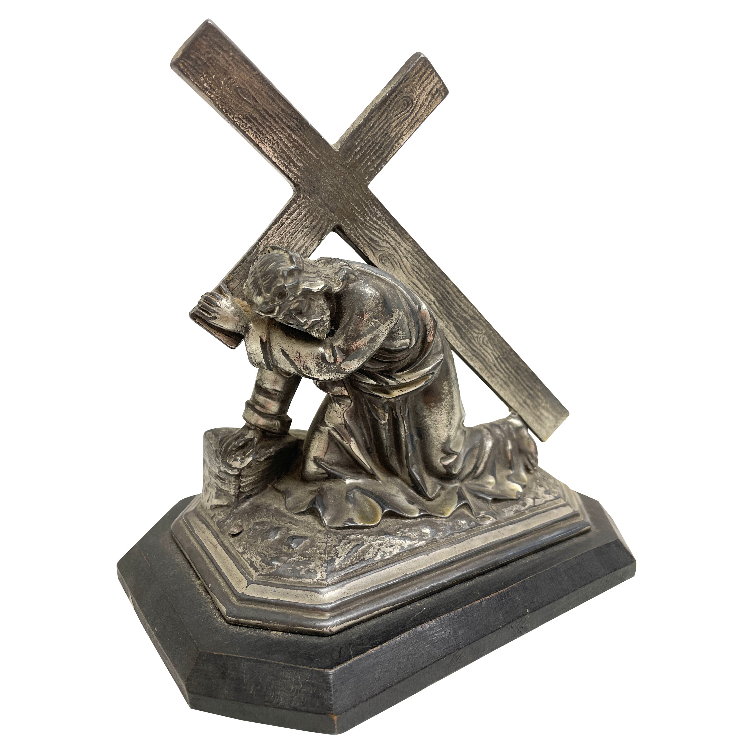 Vintage Decorative Jesus Metal Statue on Ebonized Wooden Base, Germany 1910s
