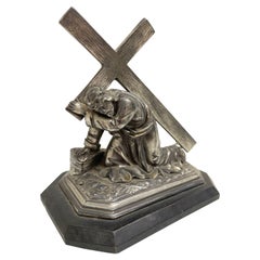Vintage Decorative Jesus Metal Statue on Ebonized Wooden Base, Germany 1910s