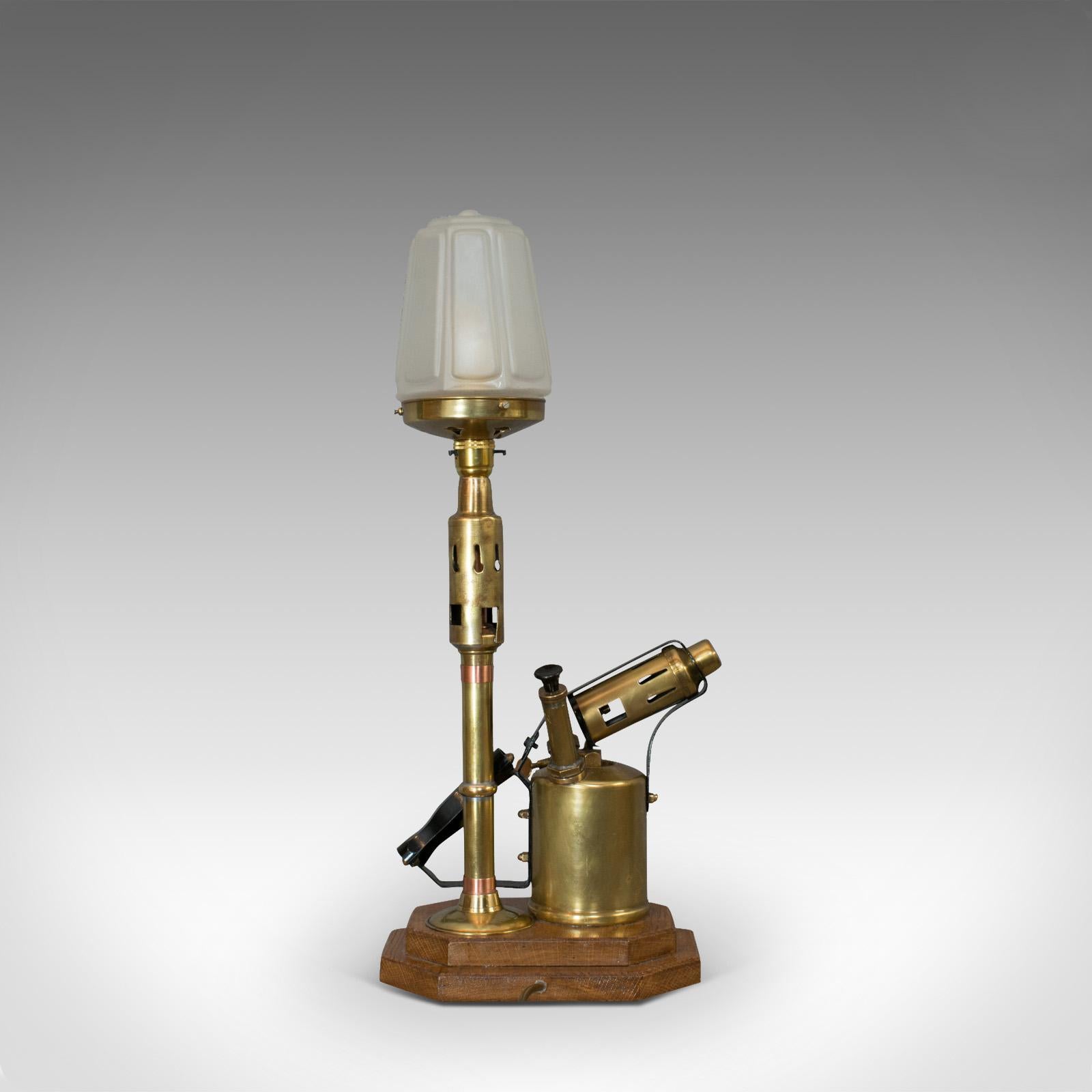 Industrial Vintage Decorative Lamp, English, Brass, Blow Torch, Light, Shade, Oak Base For Sale