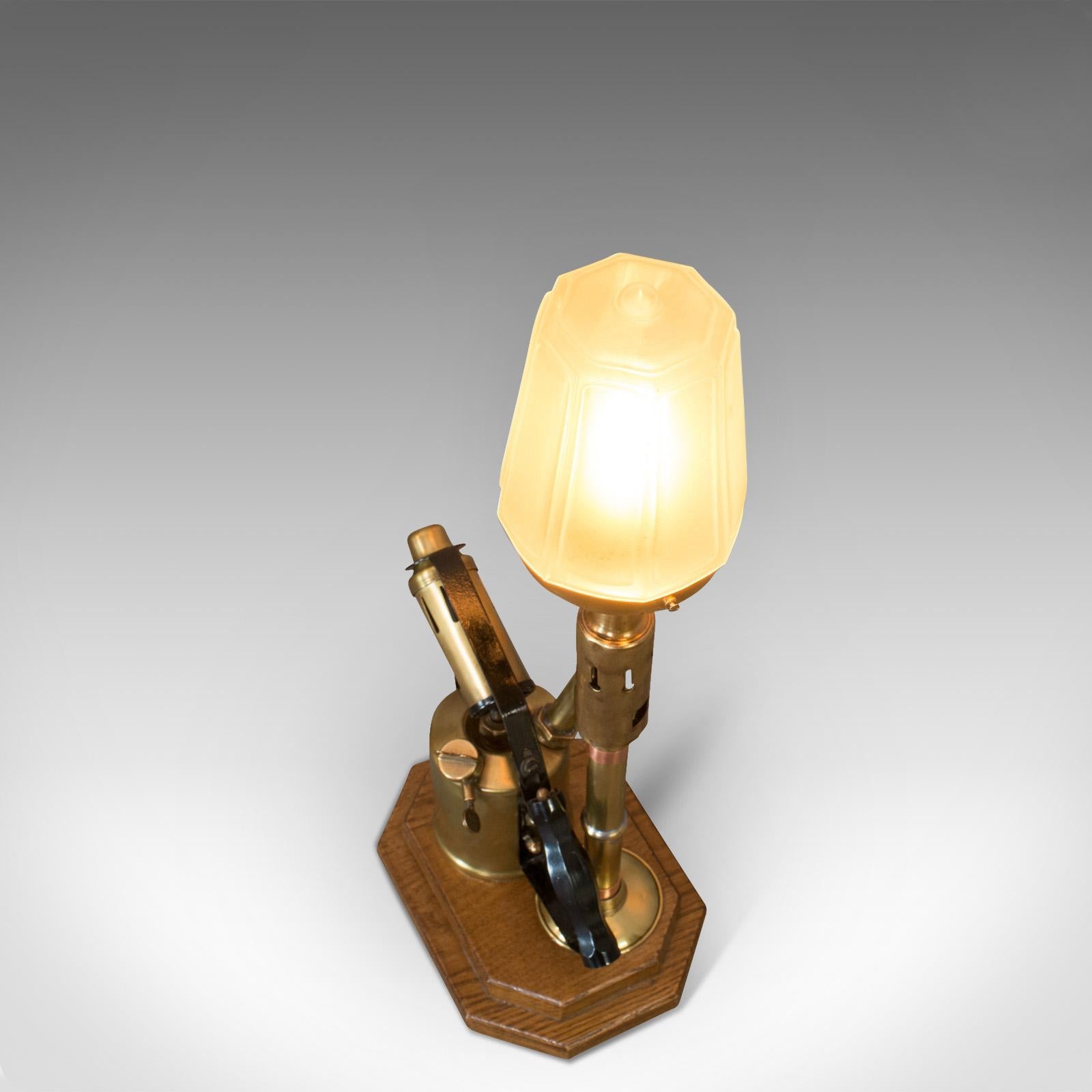 Vintage Decorative Lamp, English, Brass, Blow Torch, Light, Shade, Oak Base In Good Condition For Sale In Hele, Devon, GB