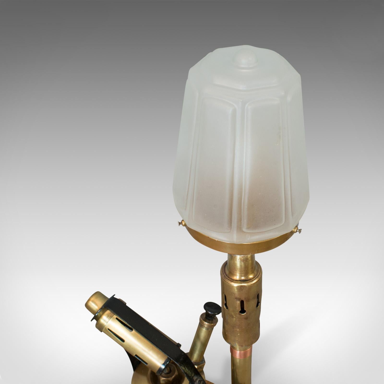20th Century Vintage Decorative Lamp, English, Brass, Blow Torch, Light, Shade, Oak Base For Sale