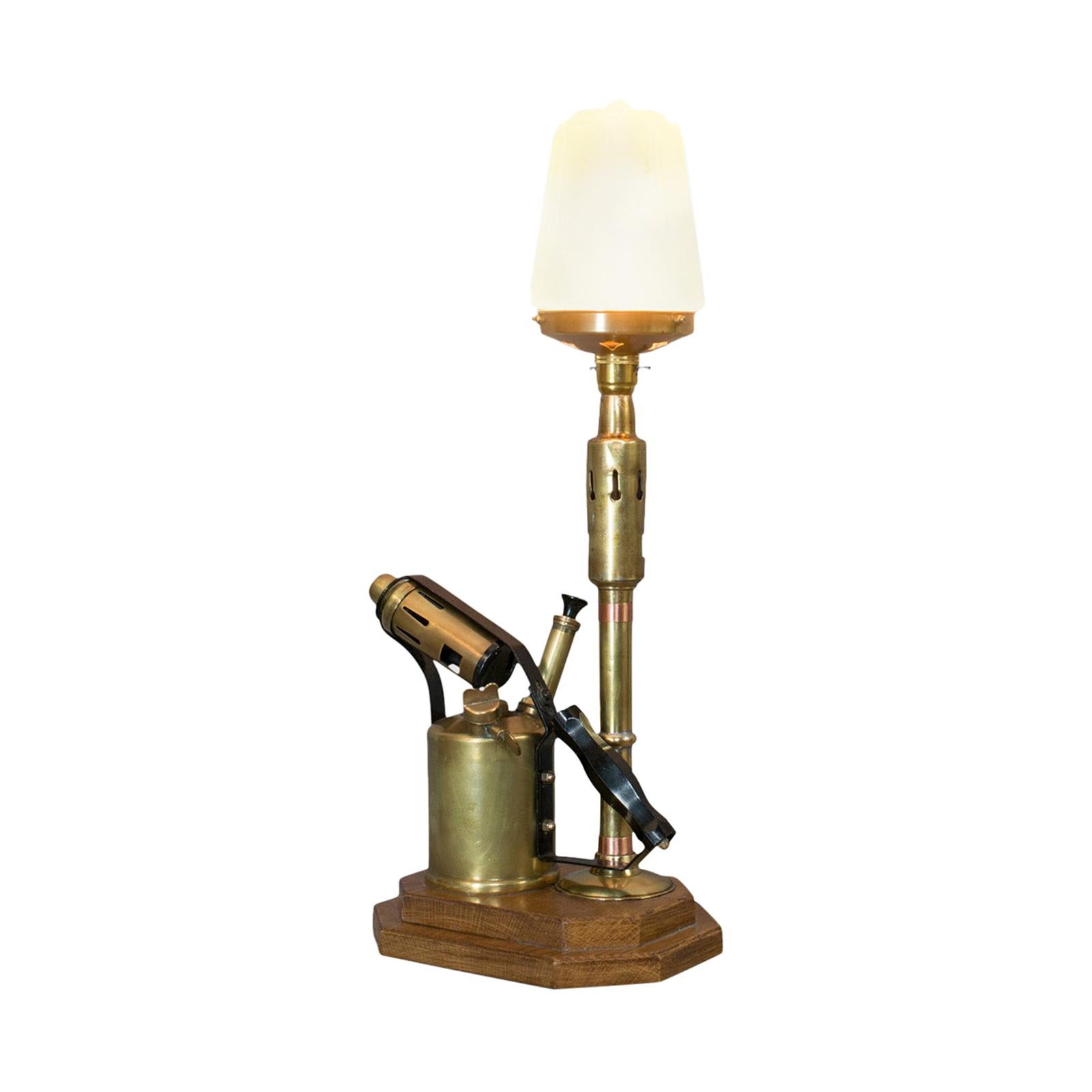 Vintage Decorative Lamp, English, Brass, Blow Torch, Light, Shade, Oak Base For Sale