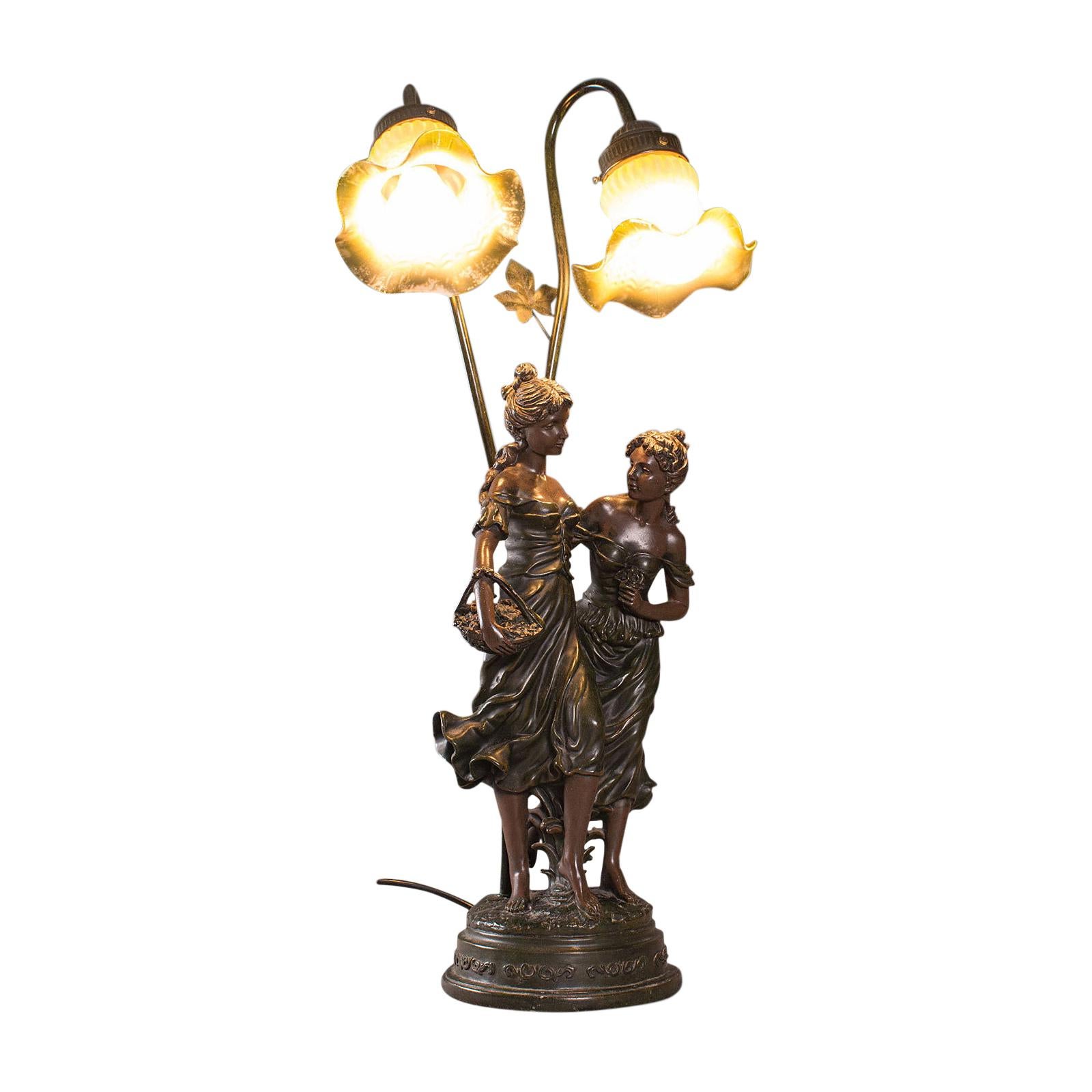 Vintage Decorative Lamp, French, Spelter Bronze, Female, Figures, Table Light