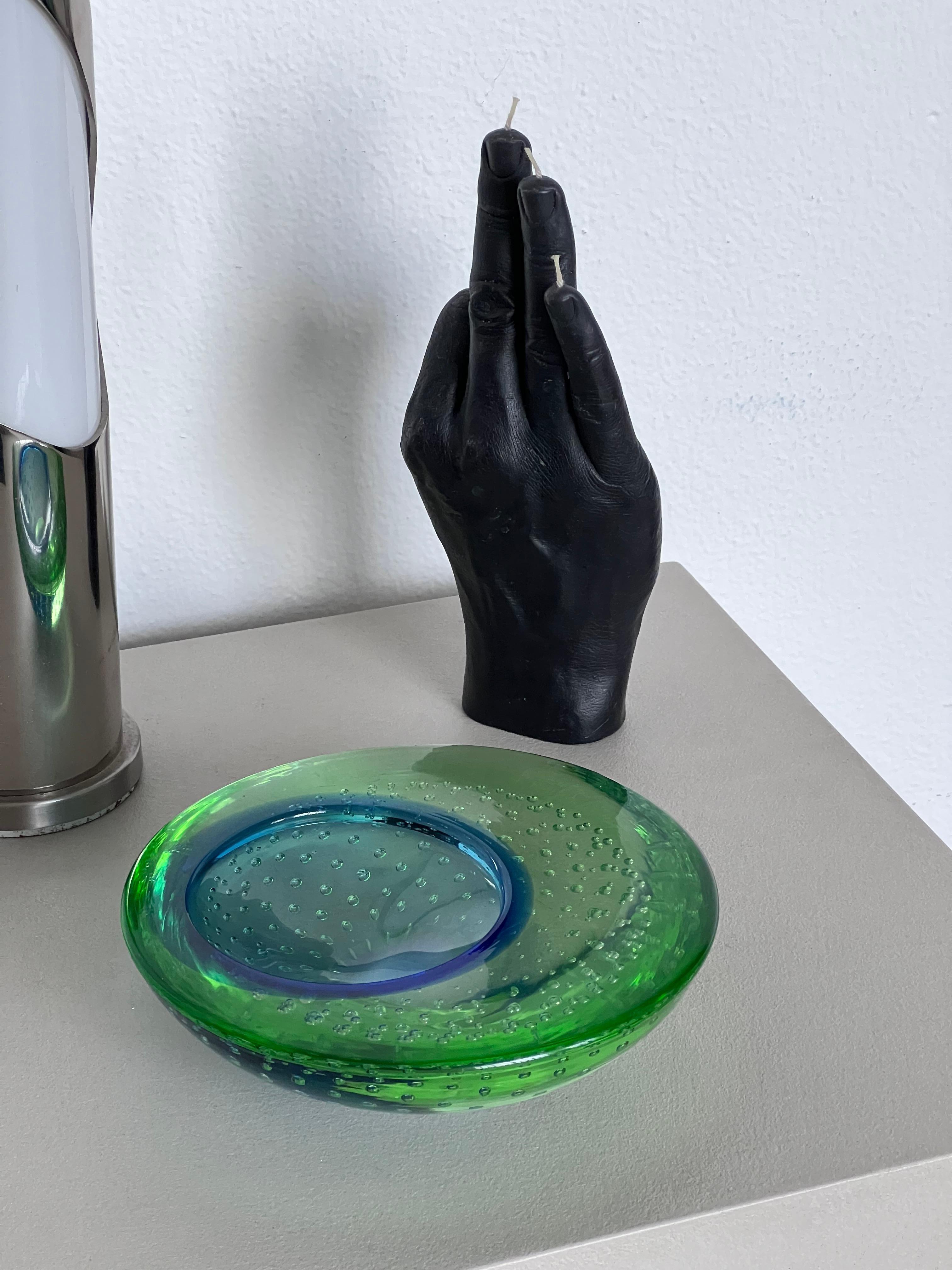 Mid-Century Modern Vintage decorative Murano bowl/ashtray in green and blue “Sommerso” glass  For Sale