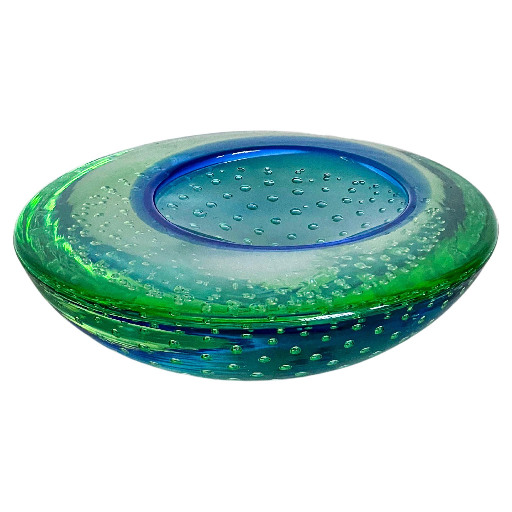 Vintage decorative Murano bowl/ashtray in green and blue “Sommerso” glass 