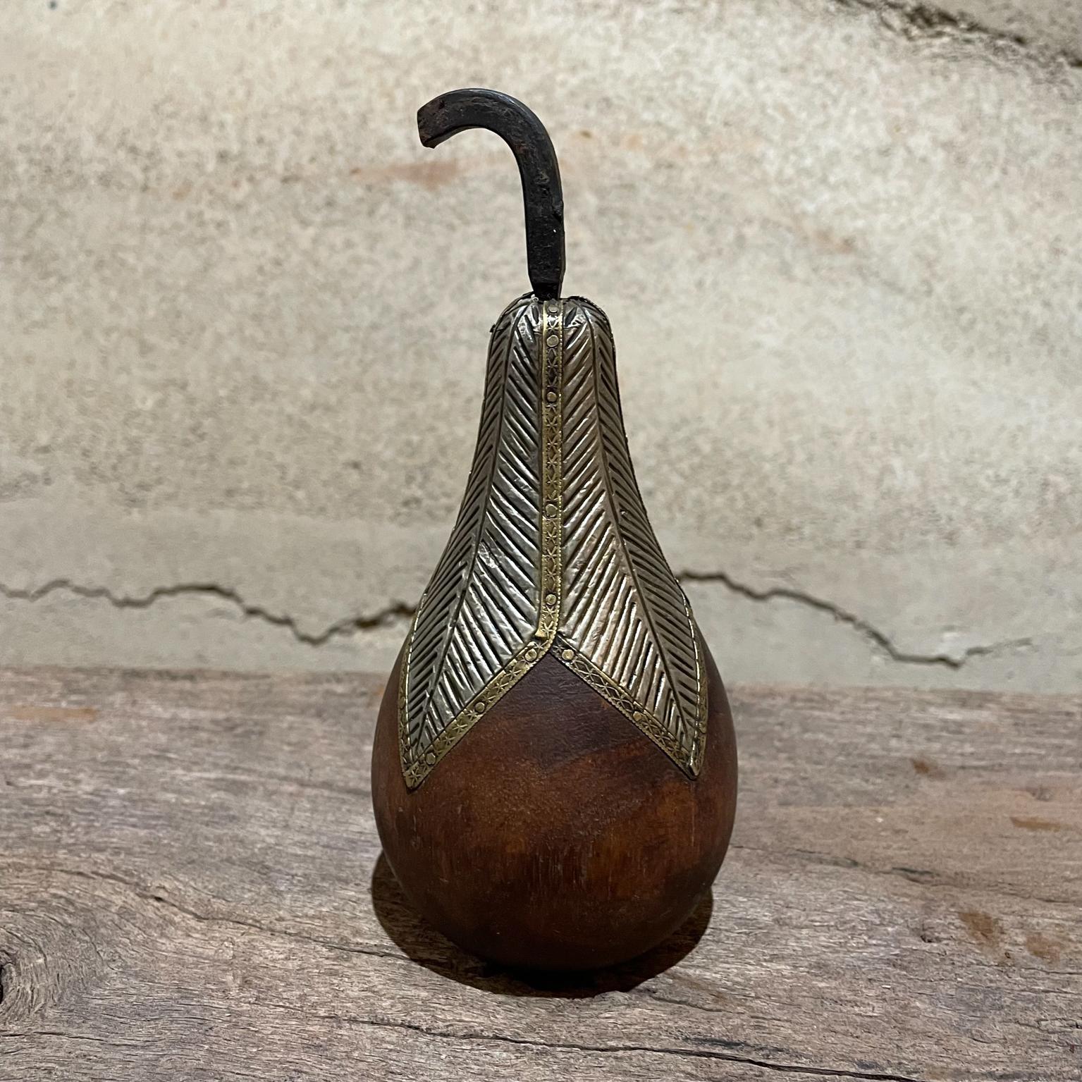 Mexican Vintage Decorative Pear Figurine Crafted in Wood and Hammered Metal Mexico 1970s
