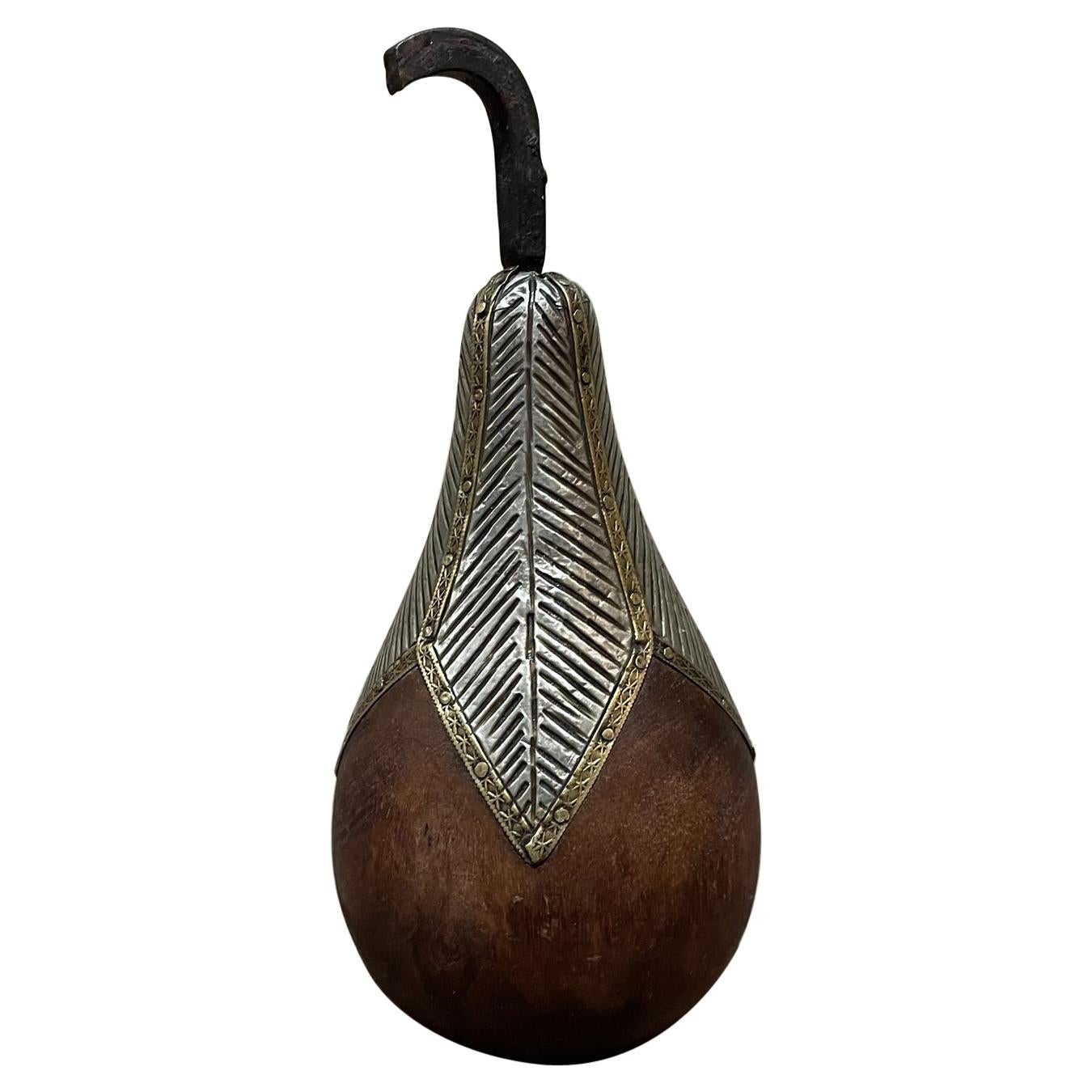 Vintage Decorative Pear Figurine Crafted in Wood and Hammered Metal Mexico 1970s