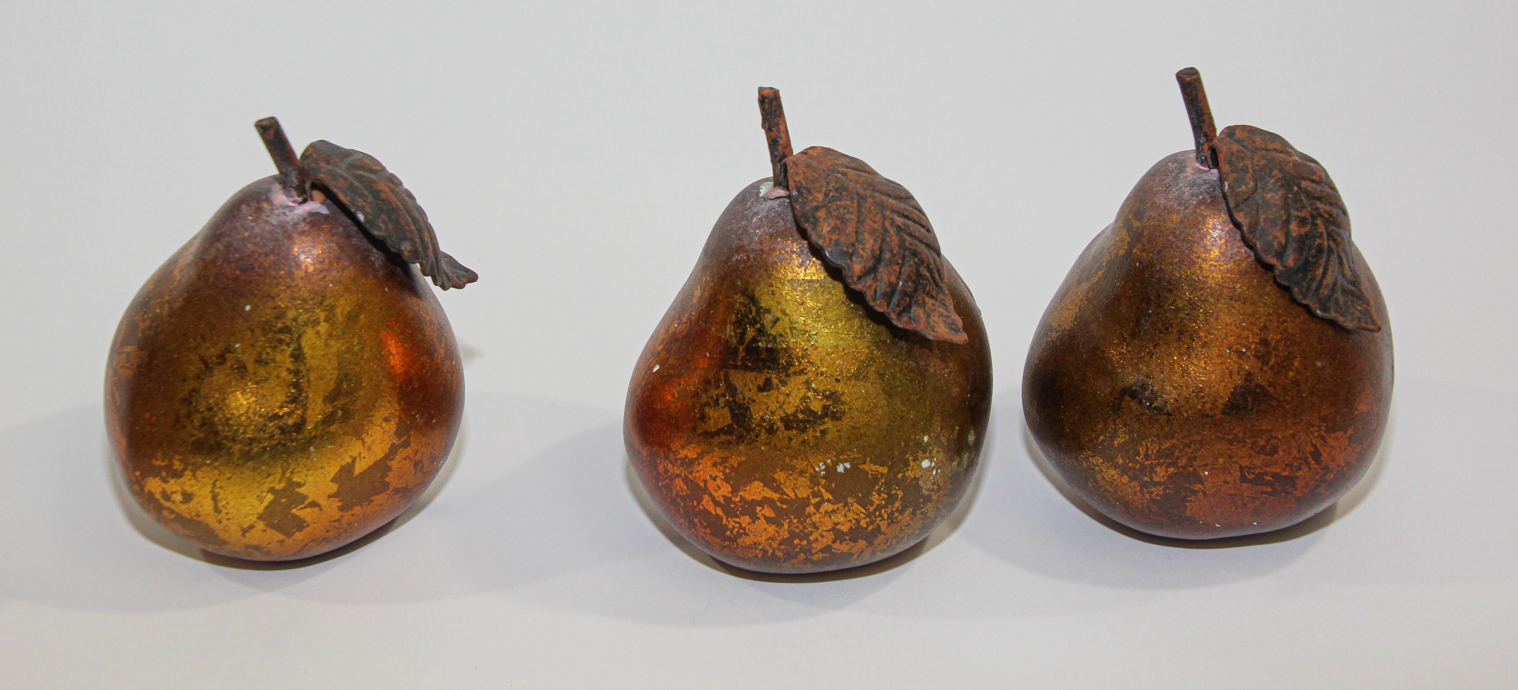 Mid-Century Modern Vintage Decorative Pears and Apples Gilted Metal Set of Six