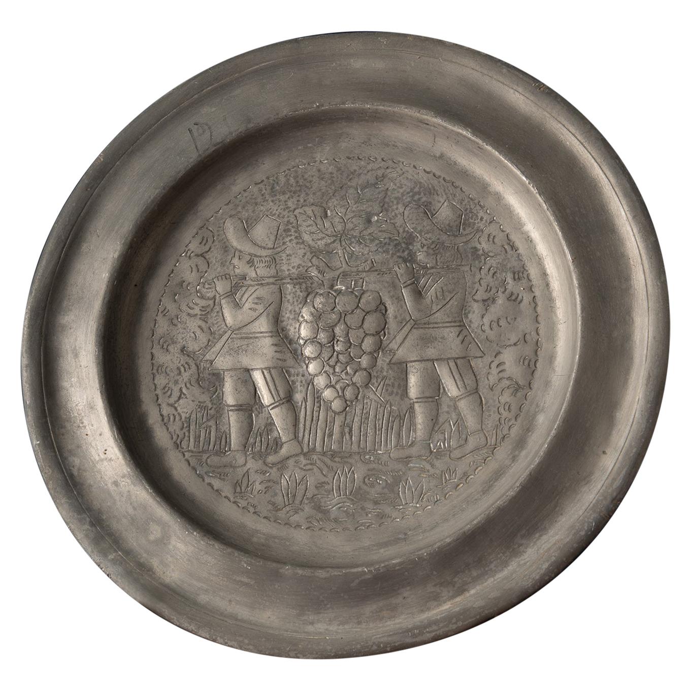 Vintage Decorative Pewter Plate with Grape Pickers For Sale at 1stDibs