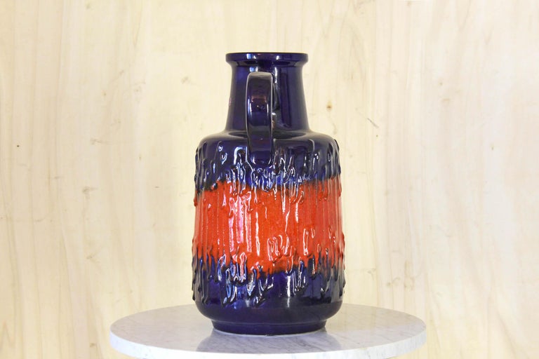 Mid-Century Modern Vintage Decorative Ceramic Blue and Red Vase from Scheurich Firm, 1960s For Sale