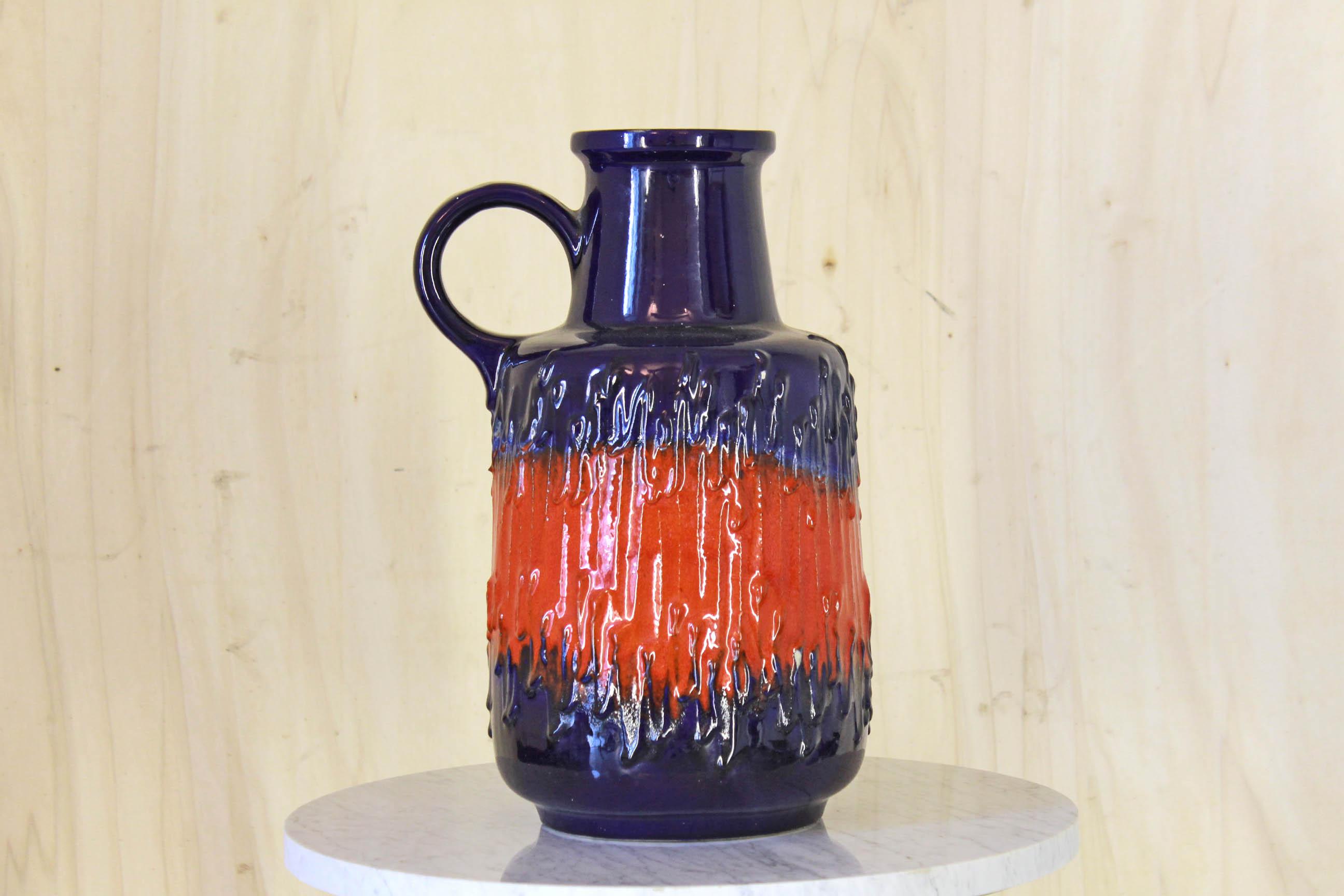 Mid-Century Modern Vintage Decorative Ceramic Blue and Red Vase from Scheurich Firm, 1960s