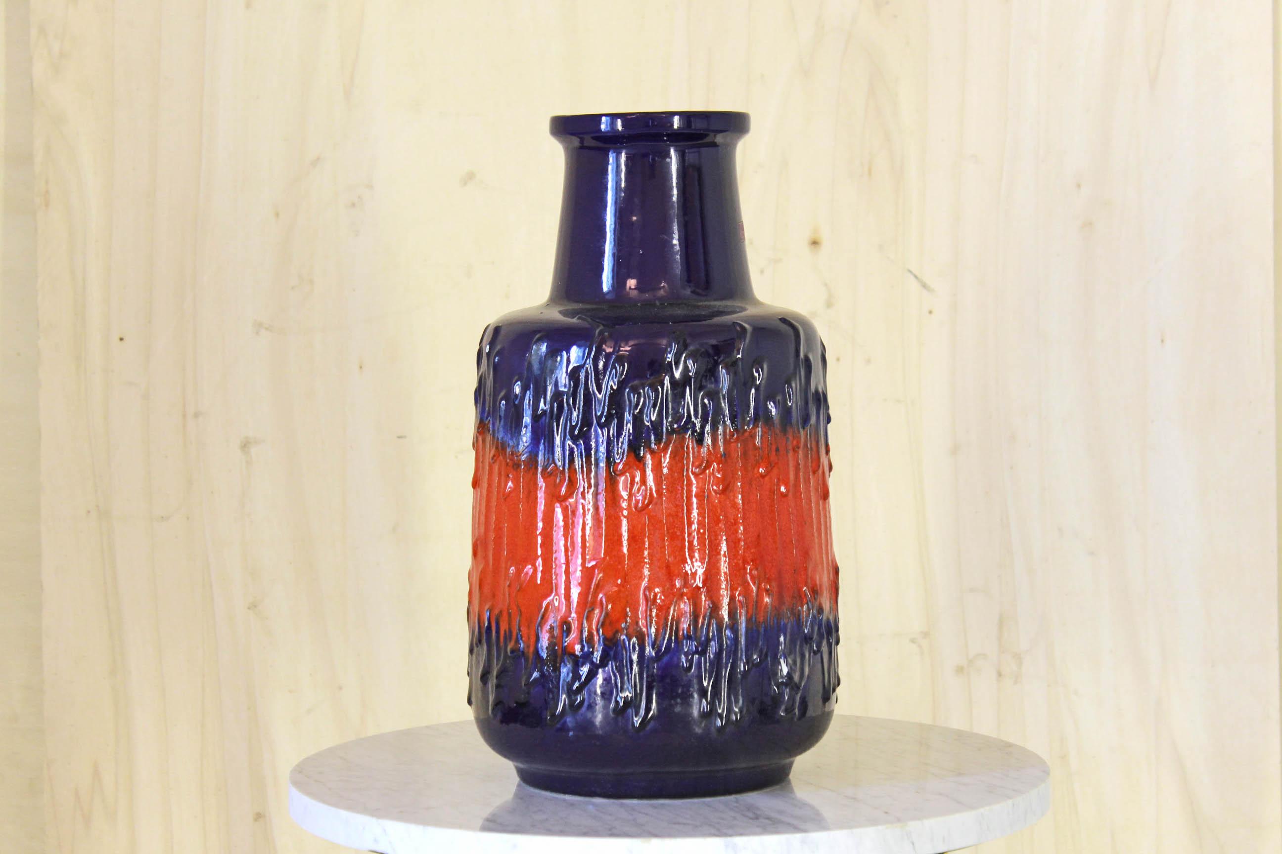 German Vintage Decorative Ceramic Blue and Red Vase from Scheurich Firm, 1960s