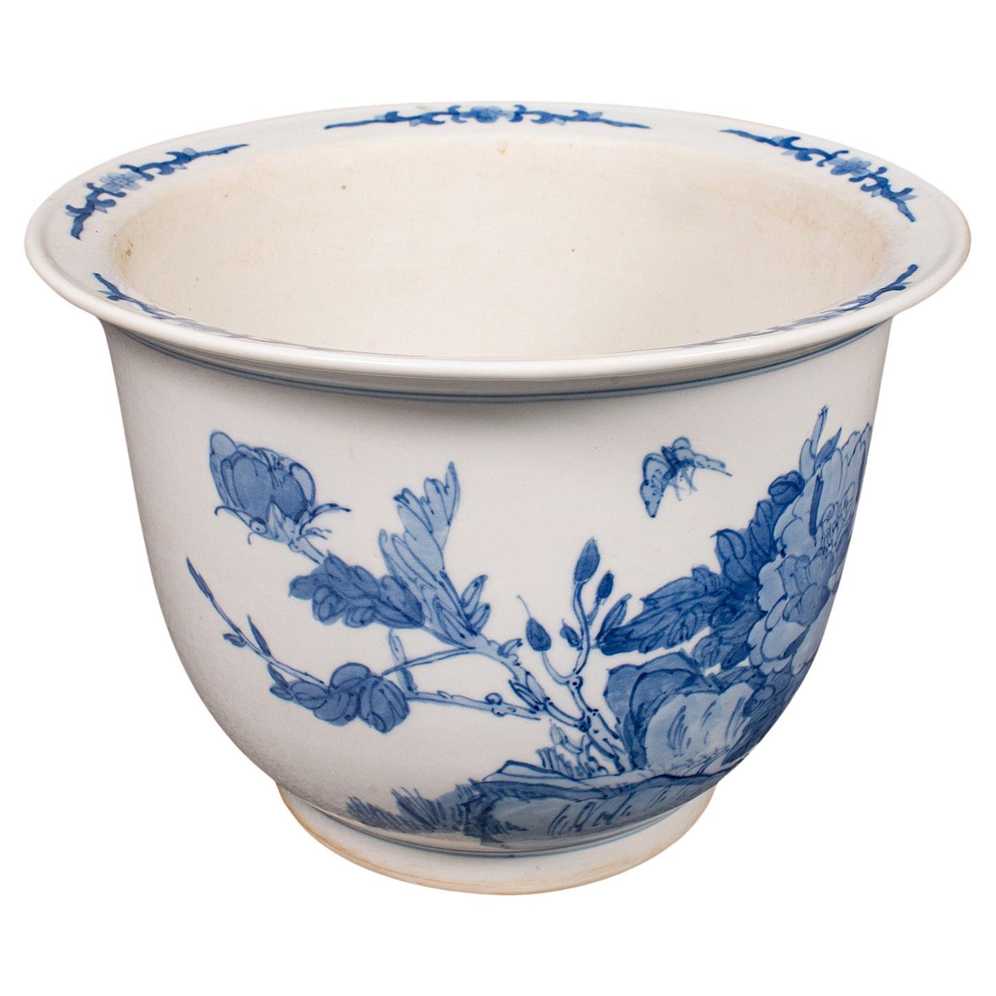 Vintage Decorative Planter, Chinese, Ceramic, Blue and White, Jardiniere, Pot For Sale