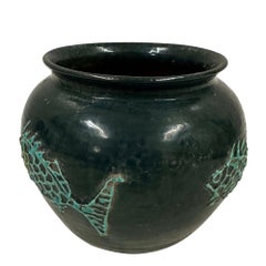 Vintage Decorative Pottery Fish Jar with Dark Green Glaze