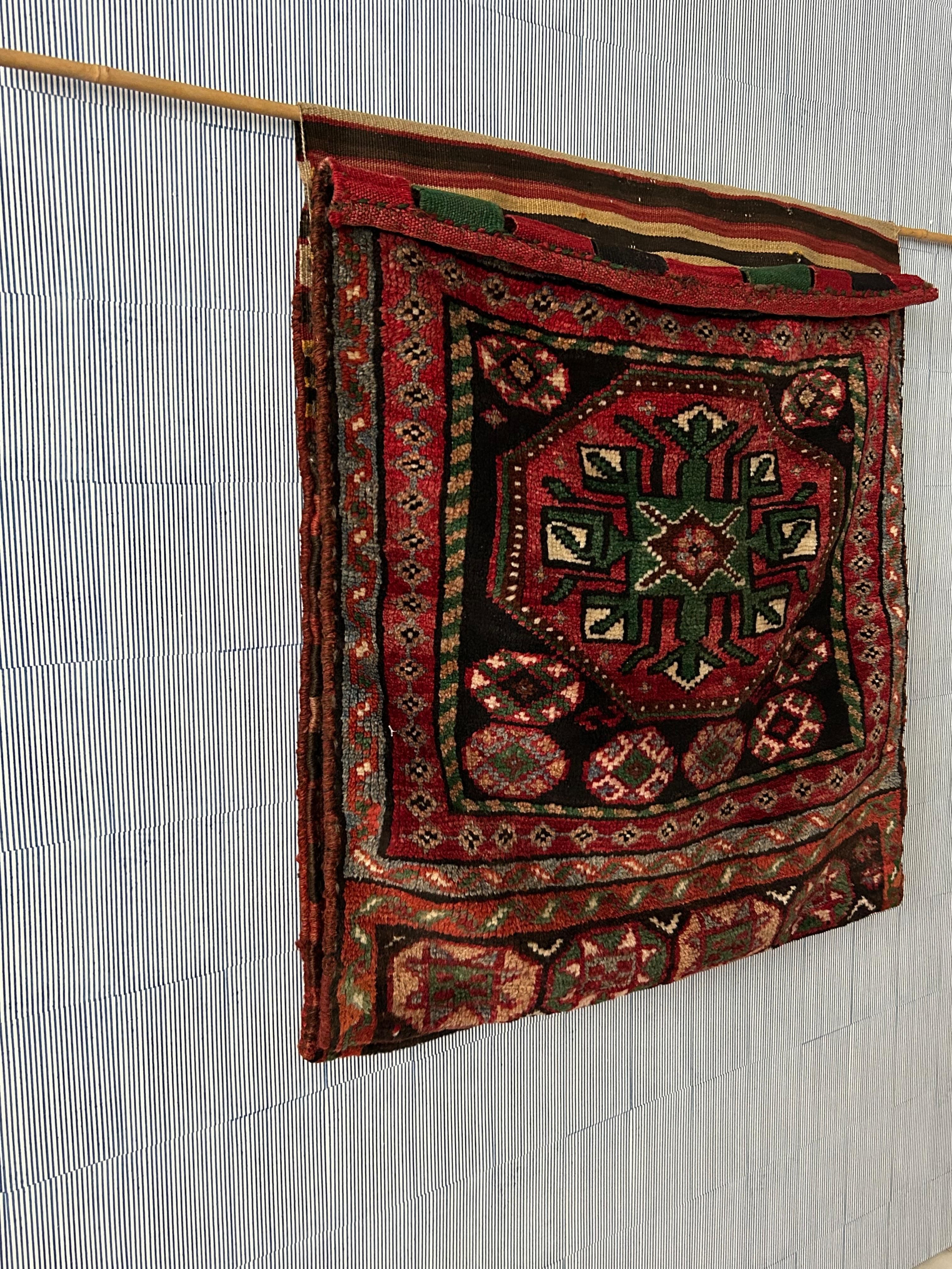 Hand-Crafted Vintage Decorative Red Multicolored Khorjin Saddle Bag, West Asia, 20th Century