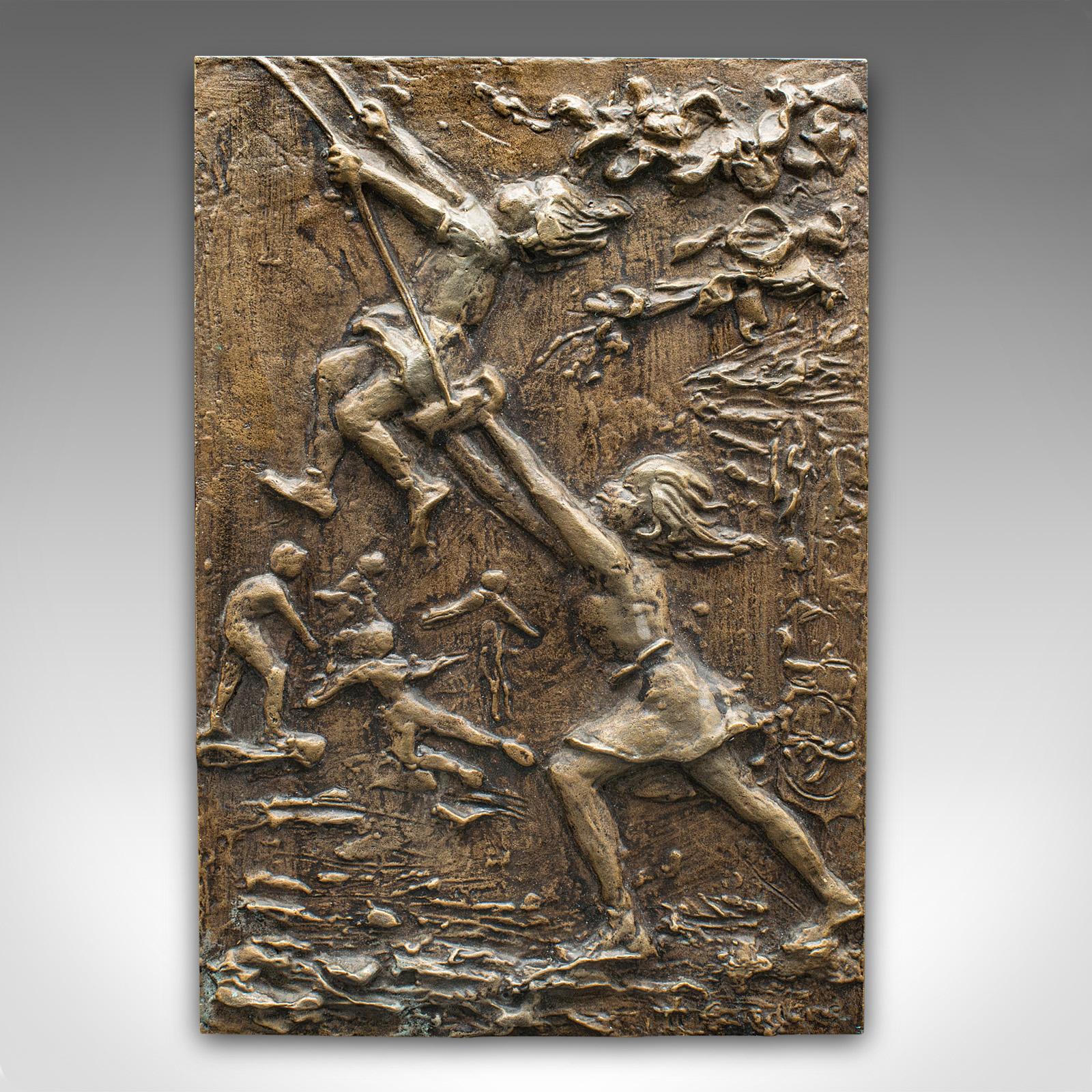 This is a vintage decorative relief plaque. An English, bronze plate with figural interest, dating to the mid 20th century, circa 1950.

Wonderfully cheerful relief with a nicely weathered appearance
Displays a desirable aged patina and in original