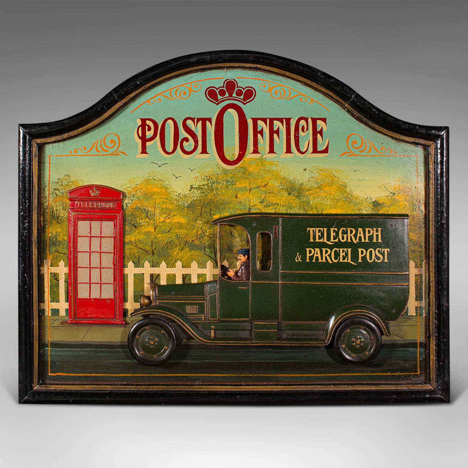 This is a vintage decorative relief plaque. An English, hand-painted pine wall sign, dating to the mid 20th century, circa 1970.

Charming relief depicting an early 20th century British postal service
Displays a desirable aged patina and in good