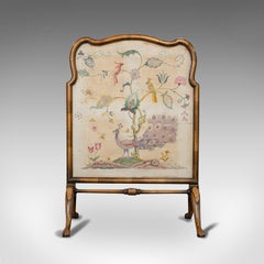 Vintage Decorative Screen English Walnut Crewel Work, Fire, Art Deco, circa 1930