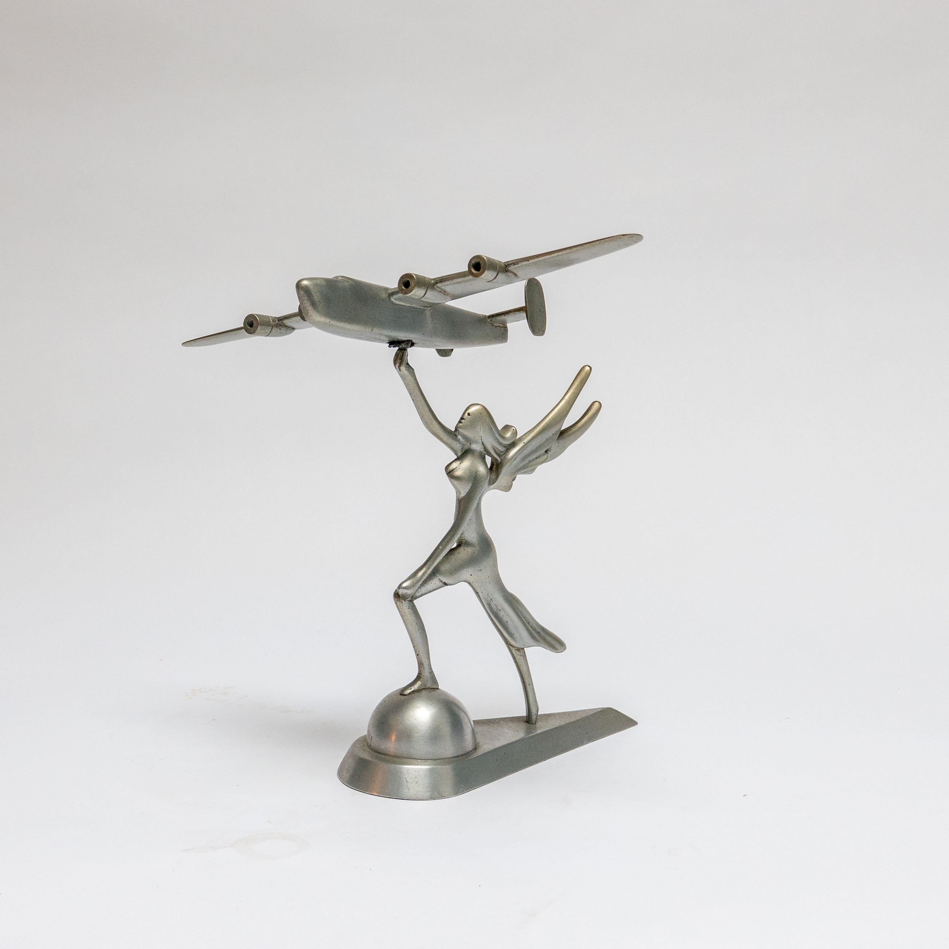 Italian Decorative Sculpture of a Goddess Holding a Consolidated B-24 Liberator For Sale