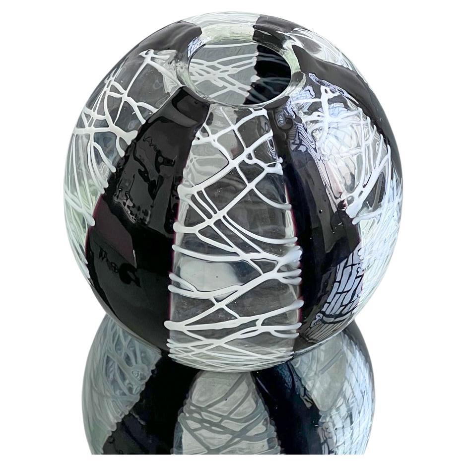 Vintage Decorative Sperical Vase in Black and White Filigree Glass