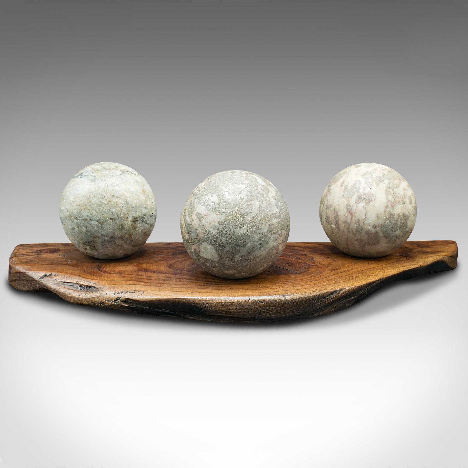 This is a vintage decorative sphere display. An English, cedar and Italian marble plinth, dating to the mid 20th century, circa 1950.

Distinctive mantlepiece or desktop decor, with cool, tactile marble
Displays a desirable aged patina and in