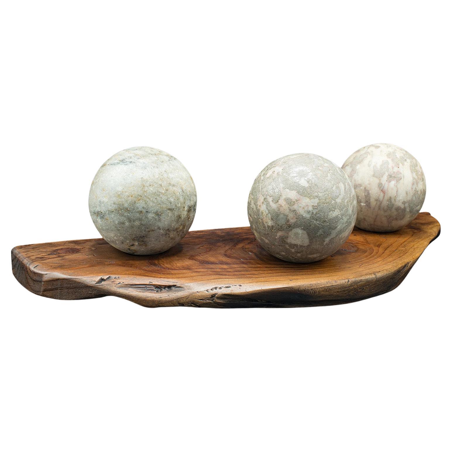 Vintage Decorative Sphere Display, Cedar, Italian Marble, Plinth, Mid Century For Sale