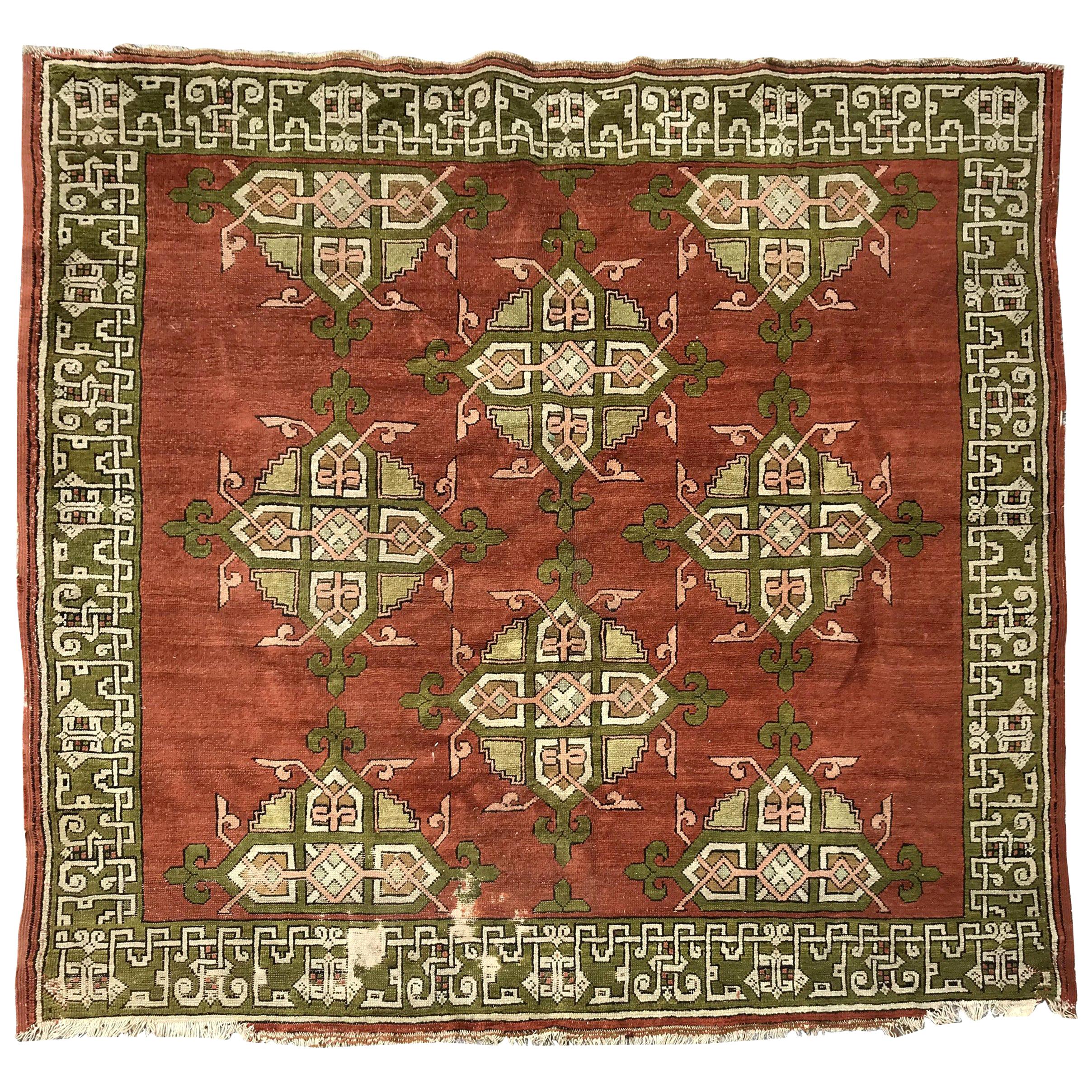 Vintage Decorative Square Turkish Ushak Rug