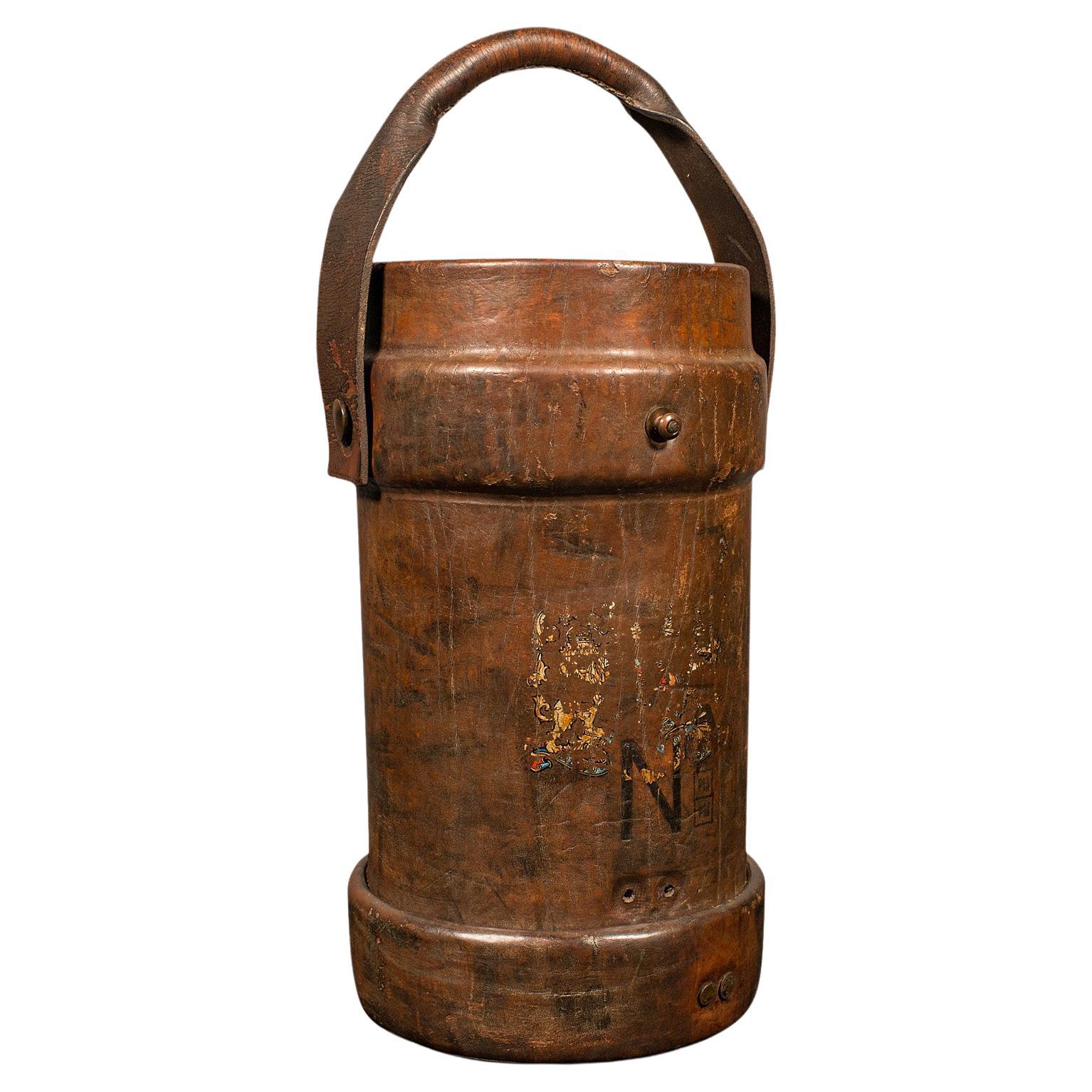 Vintage Decorative Stick Stand, English Leather Basket, Storage Bin, Mid-Century For Sale