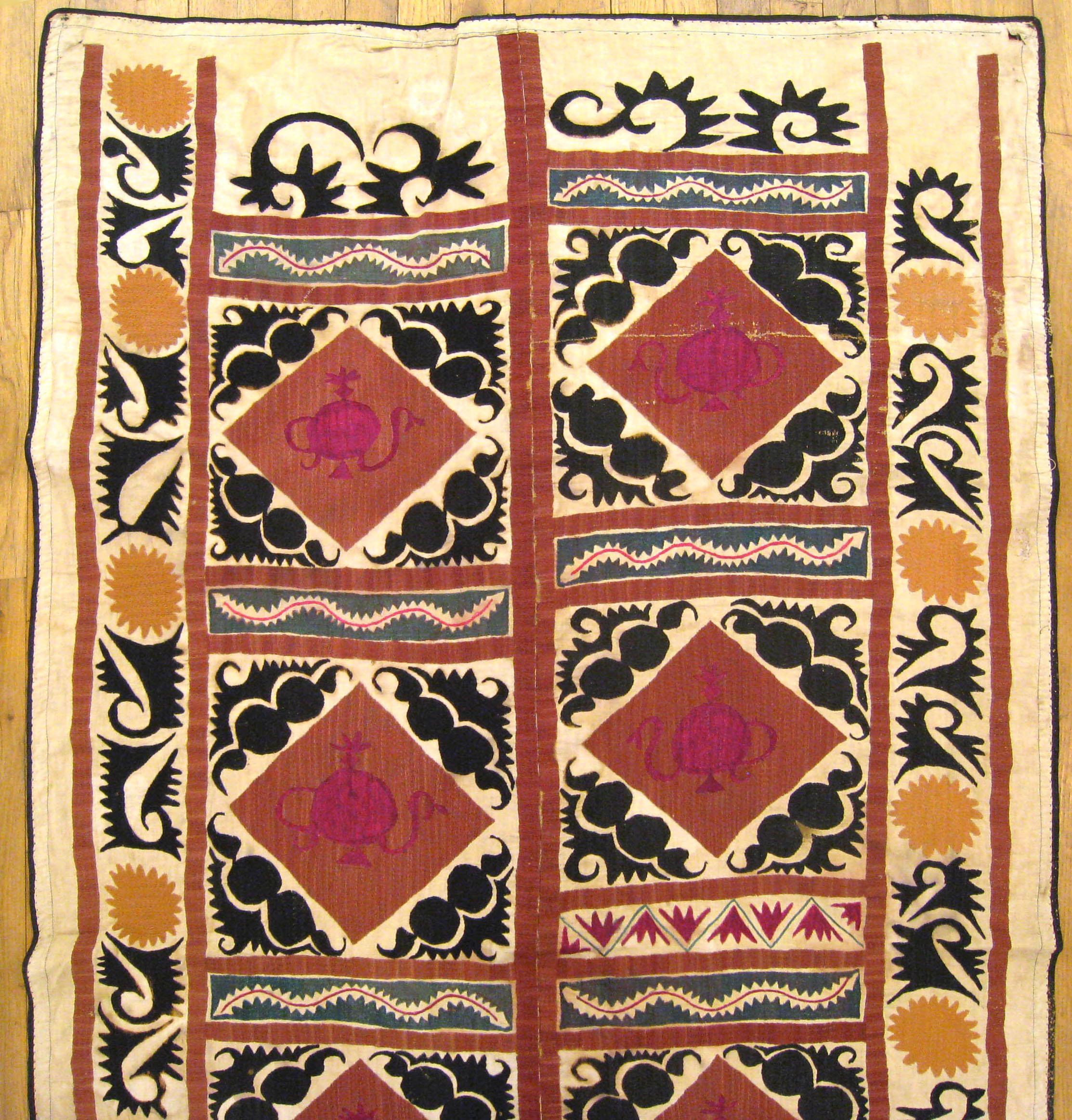 Hand-Woven Antique Decorative Suzani Textile, Repeat Design, Wall Hanging & Floor Covering For Sale
