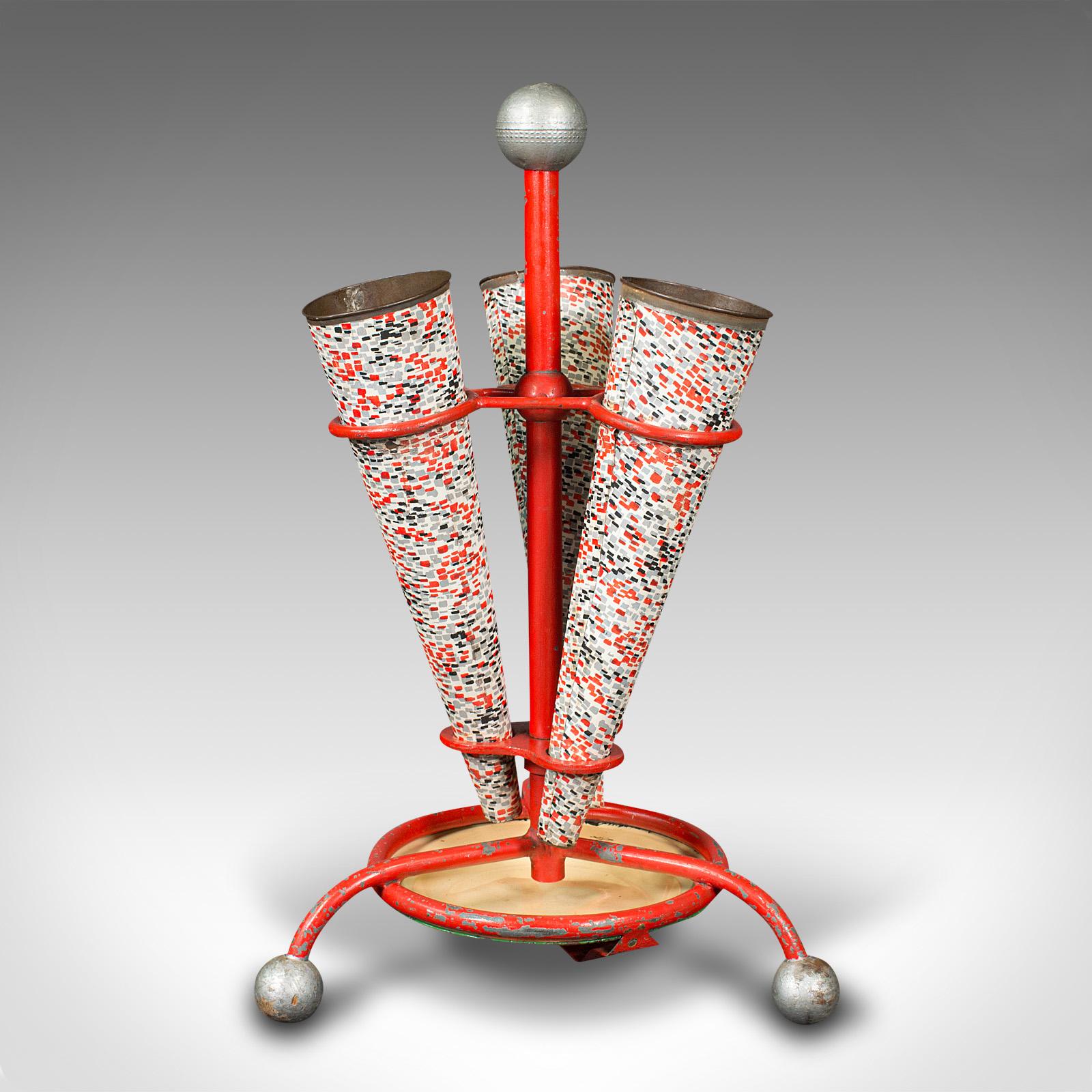This is a vintage decorative umbrella stand. A Continental, enamelled steel hall rack or dried flower vase, dating to the mid 20th century, circa 1960.

Splendid mid-century forms and colour present a cheerful appeal
Displays a desirable aged