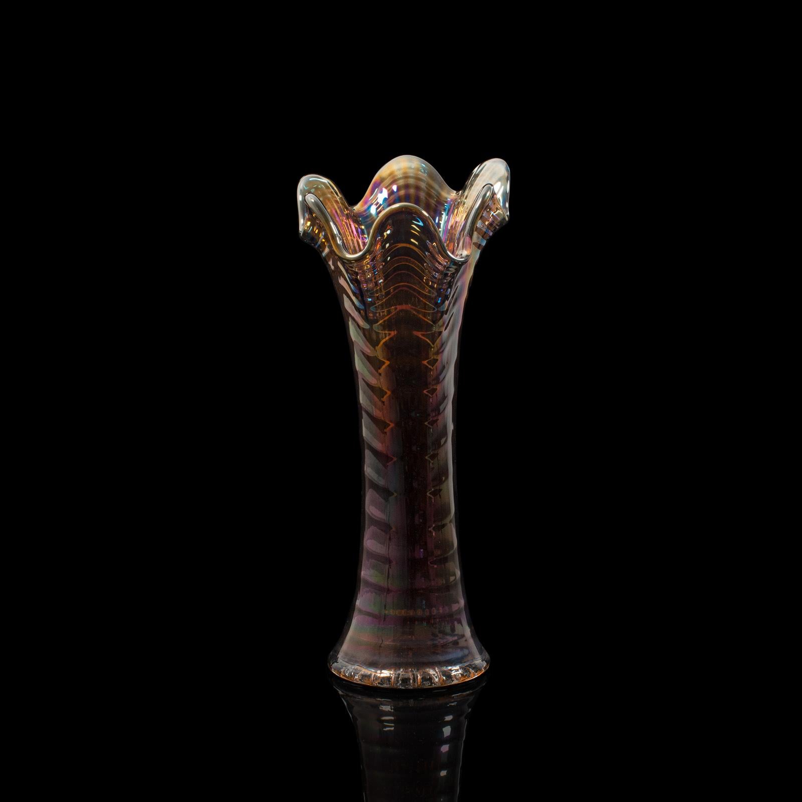 This is a vintage decorative vase. An English, carnival glass ornament with fine lustre, dating to the mid-20th century, circa 1940.

Highly appealing and expressive finish
Displaying a desirable aged patina - free of marks
Carnival glass with