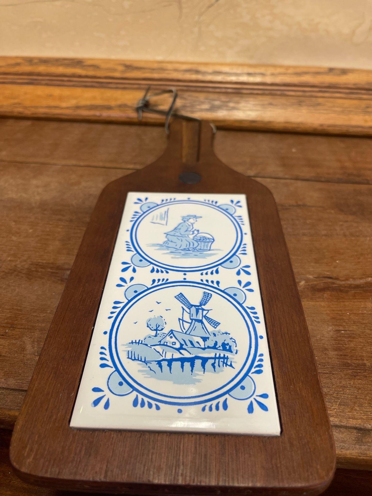 Mid-Century Modern Vintage Decorative Wooden Board With Dutch Folk Delft Style Tiles. For Sale