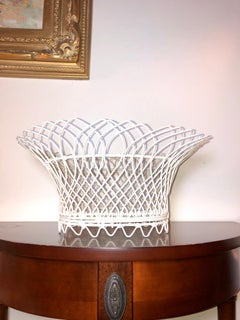 Vintage Decorative Woven Wire Basket, White Oval, 1950s American