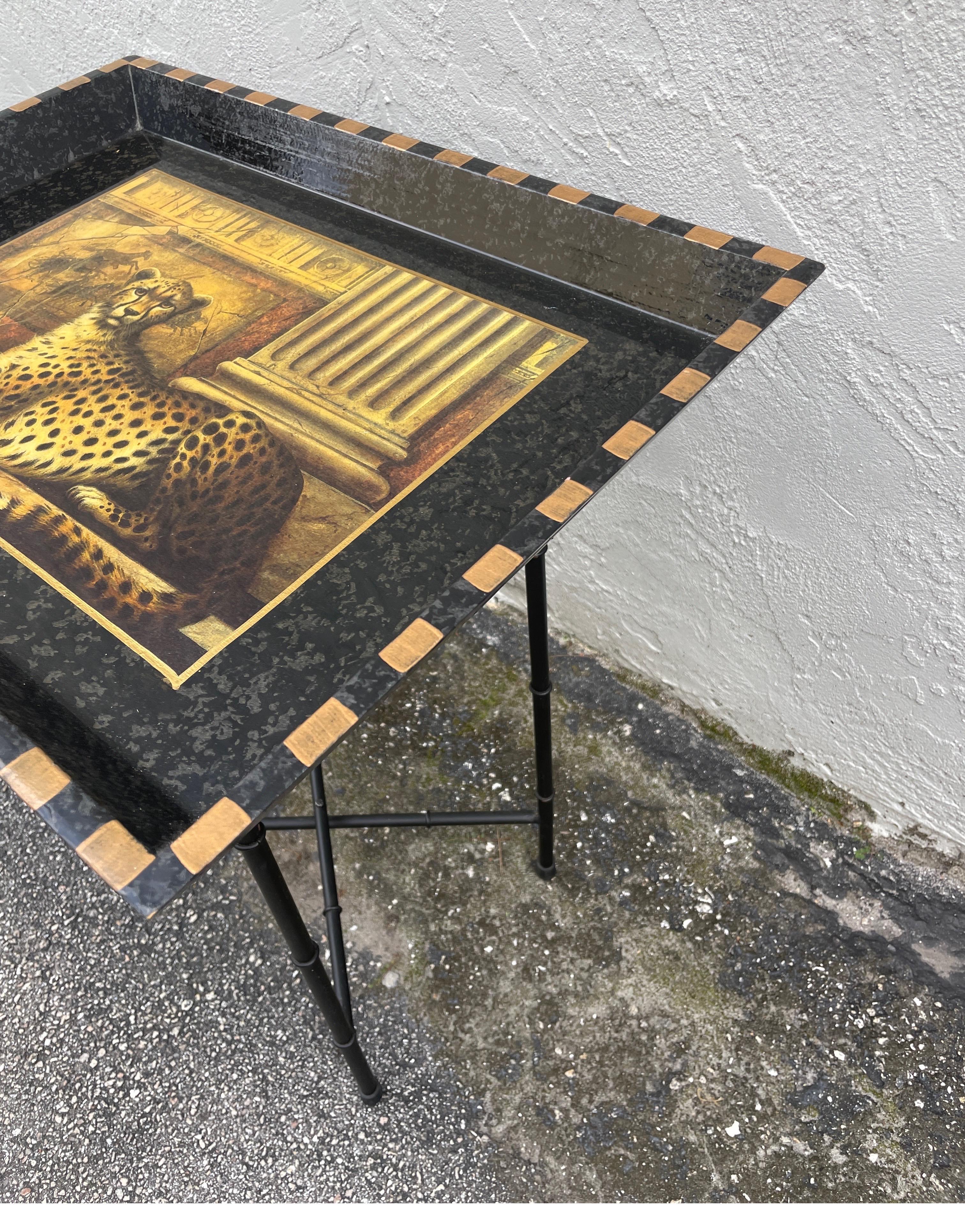 Vintage Decoupage Leopard Tray Table on Black Iron Base In Good Condition For Sale In West Palm Beach, FL