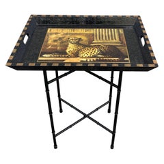 Tavolino con vassoio leopardato a decoupage vintage su base in ferro nero