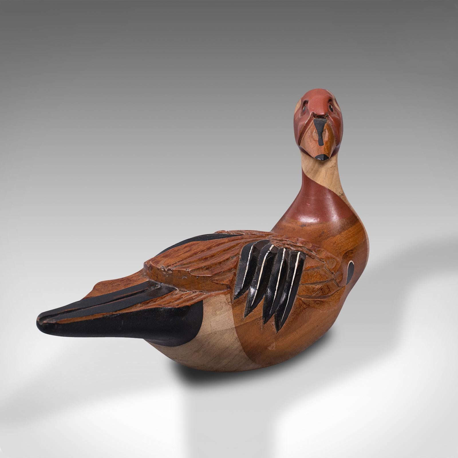 This is a vintage decoy duck. An English, carved cedar Northern Pintail figure, dating to the late 20th century, signed by the artist to 1969.

Attractive display decoy for the home or outdoor setting
Displays a desirable aged patina and in good