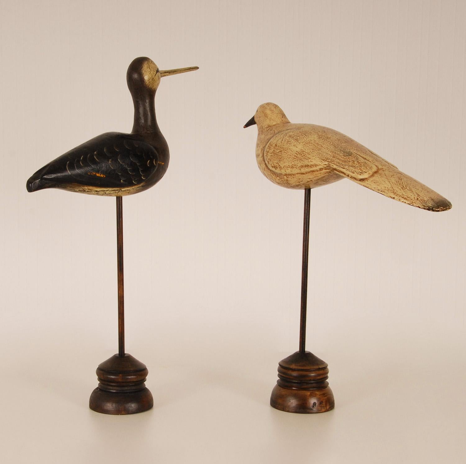 20th Century Vintage Decoy Shore Bird and Dove French Carved Wood Bird Figures
